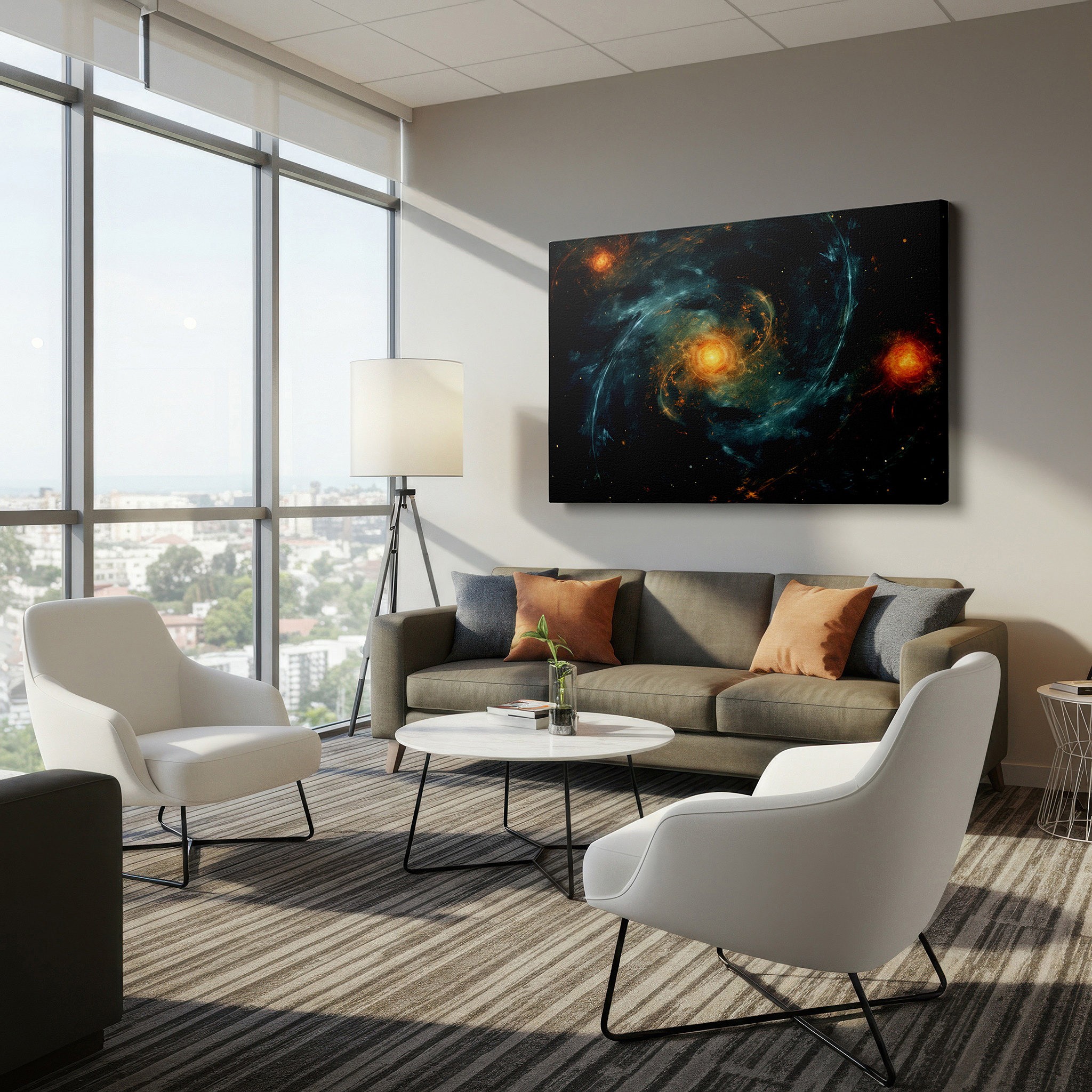 Positioned above a console table between ceramic vases — celestial masterpiece featuring galaxies and cosmic energy, large canvas wall art for office and bedroom decor
