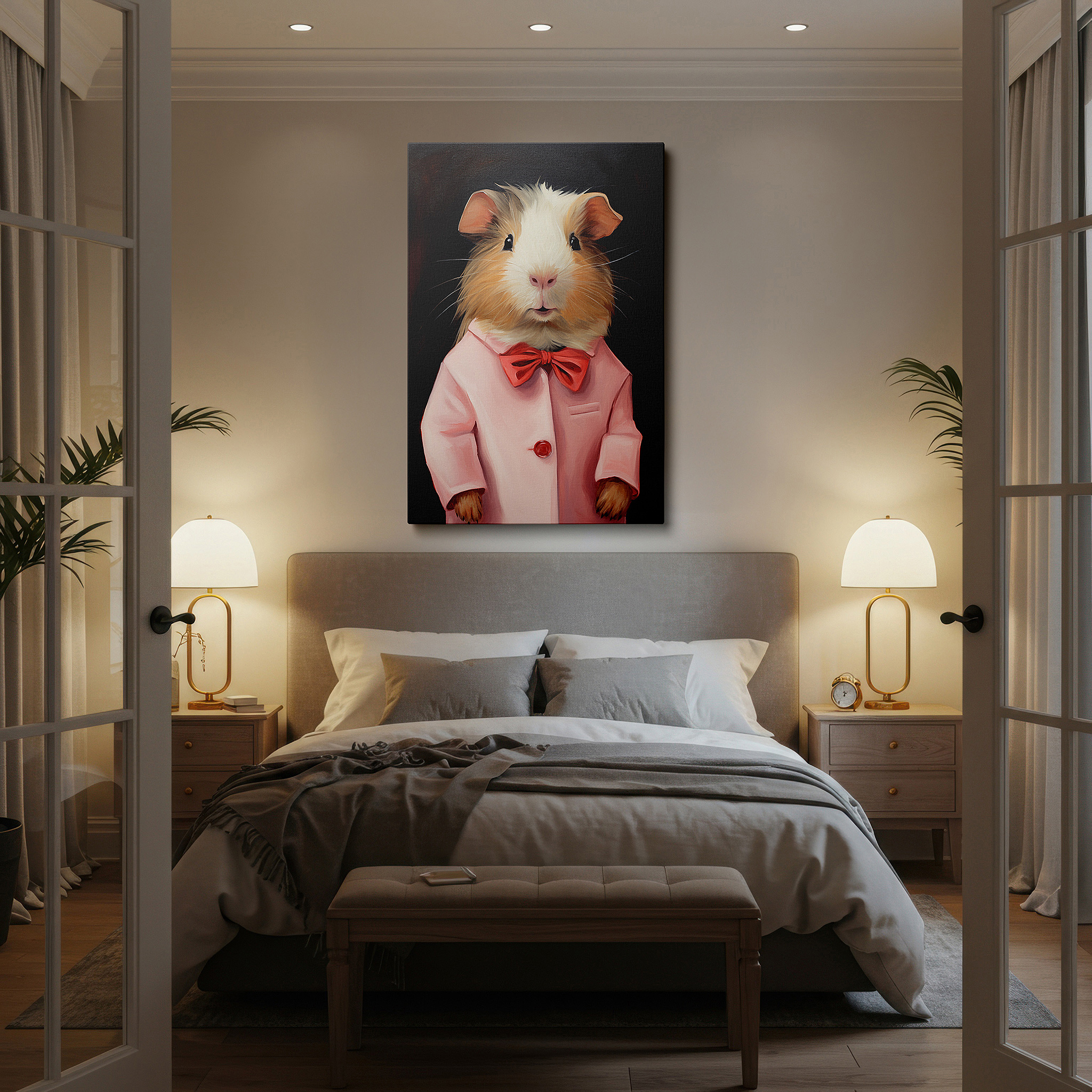 Positioned above a console table between ceramic vases — charming and sophisticated guinea pig in pink coat and bowtie large canvas wall art, perfect for office decor