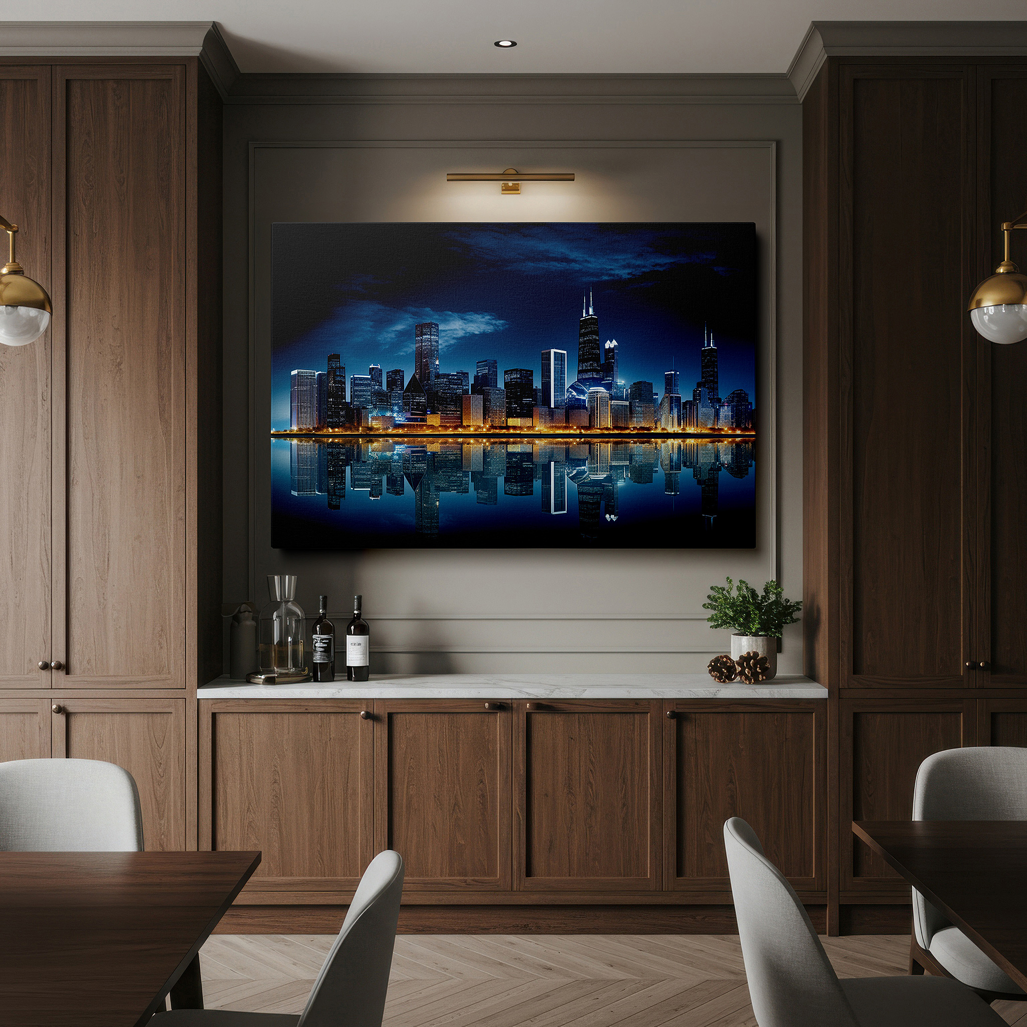 Positioned above a console table between ceramic vases — chicago skyline at night: light symphony and reflections - large wall art, canvas, decor for office and bedroom