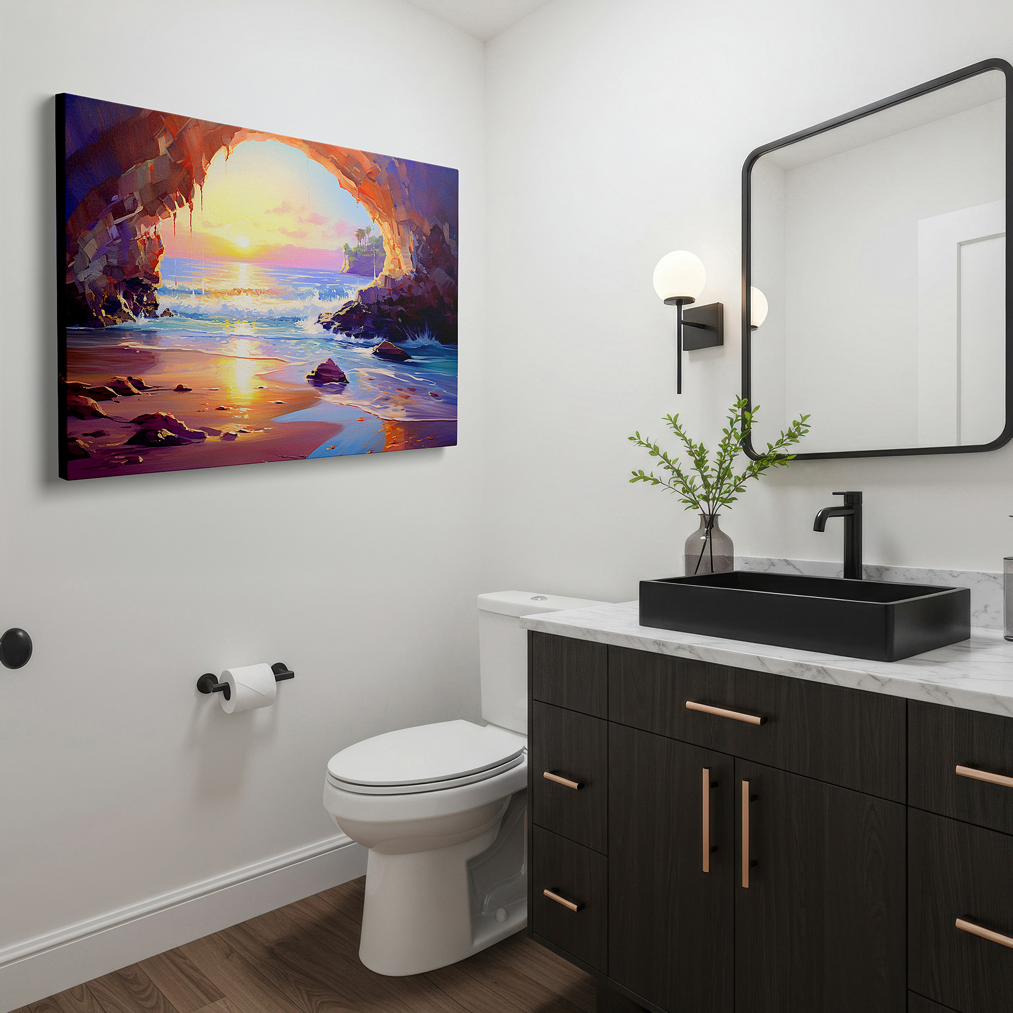 Positioned above a console table between ceramic vases — coastal cavern's golden glow: majestic archway where ocean meets rock - large canvas wall art for office and bedroom decor