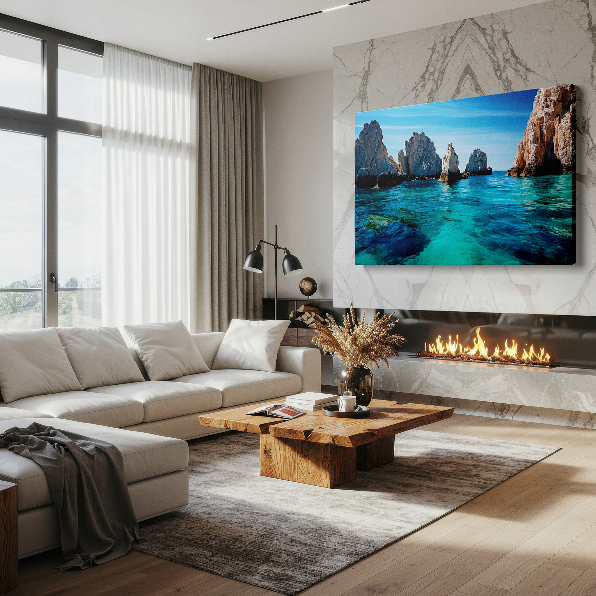 Positioned above a console table between ceramic vases — coastal clarity - turquoise waters and rocky shores beneath an expansive blue sky large wall art, canvas wall art, wall decor for office and bedroom