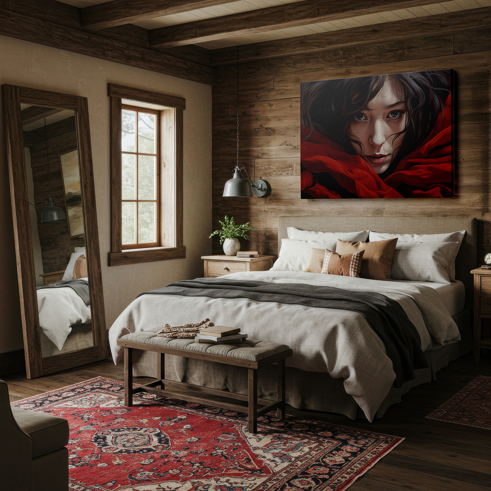 Positioned above a console table between ceramic vases — contemplation in red: a serene portrait draped in luxurious fabric, encouraging profound reflection - large wall art, canvas wall art, wall decor