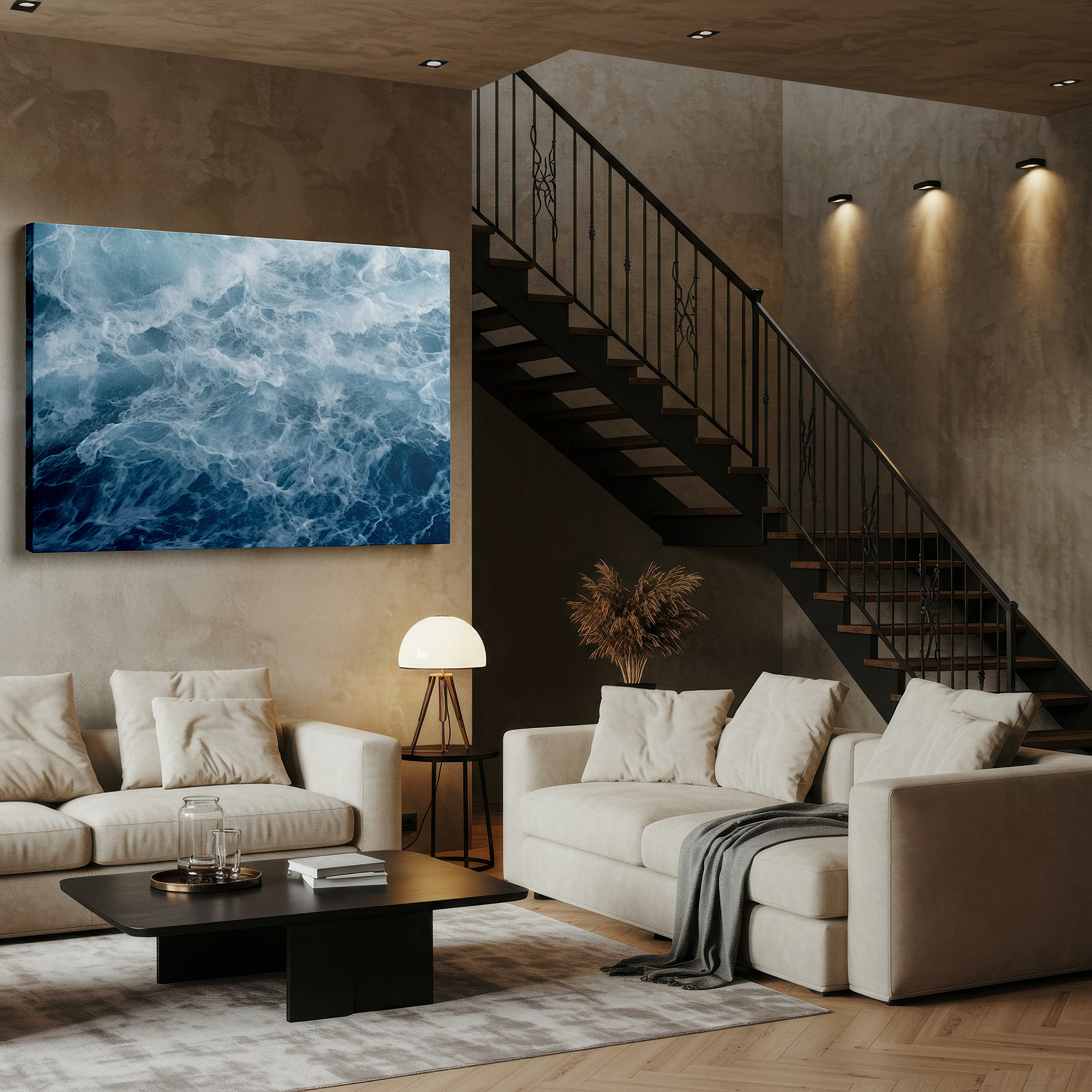 Positioned above a console table between ceramic vases — crashing waves - a striking display of nature's force and calm in blue, large canvas wall art for home and office decor