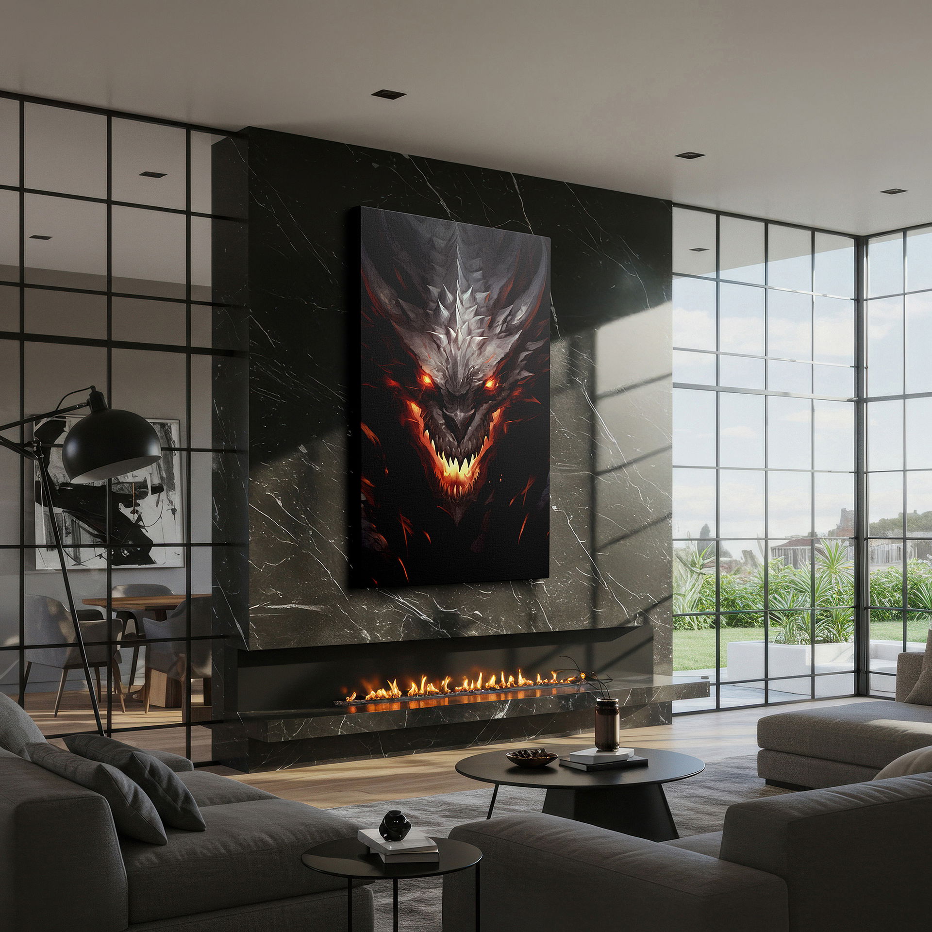 Positioned above a console table between ceramic vases — dragon's majesty wall art: vibrant colors depicting power and