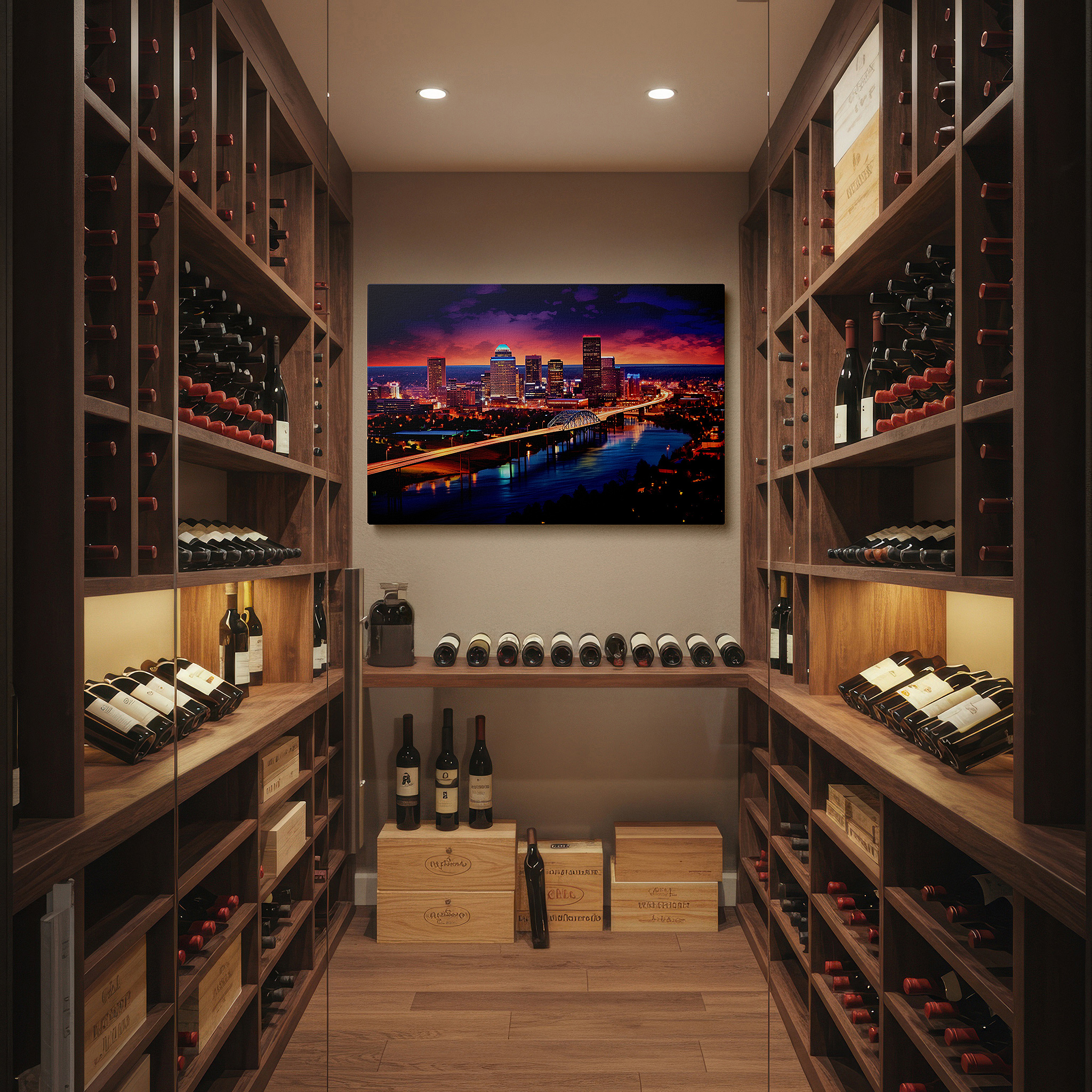 Positioned above a console table between ceramic vases — dusk in the vibrant city: illumination, architecture, and urban vitality - large canvas wall art for office and bedroom decor