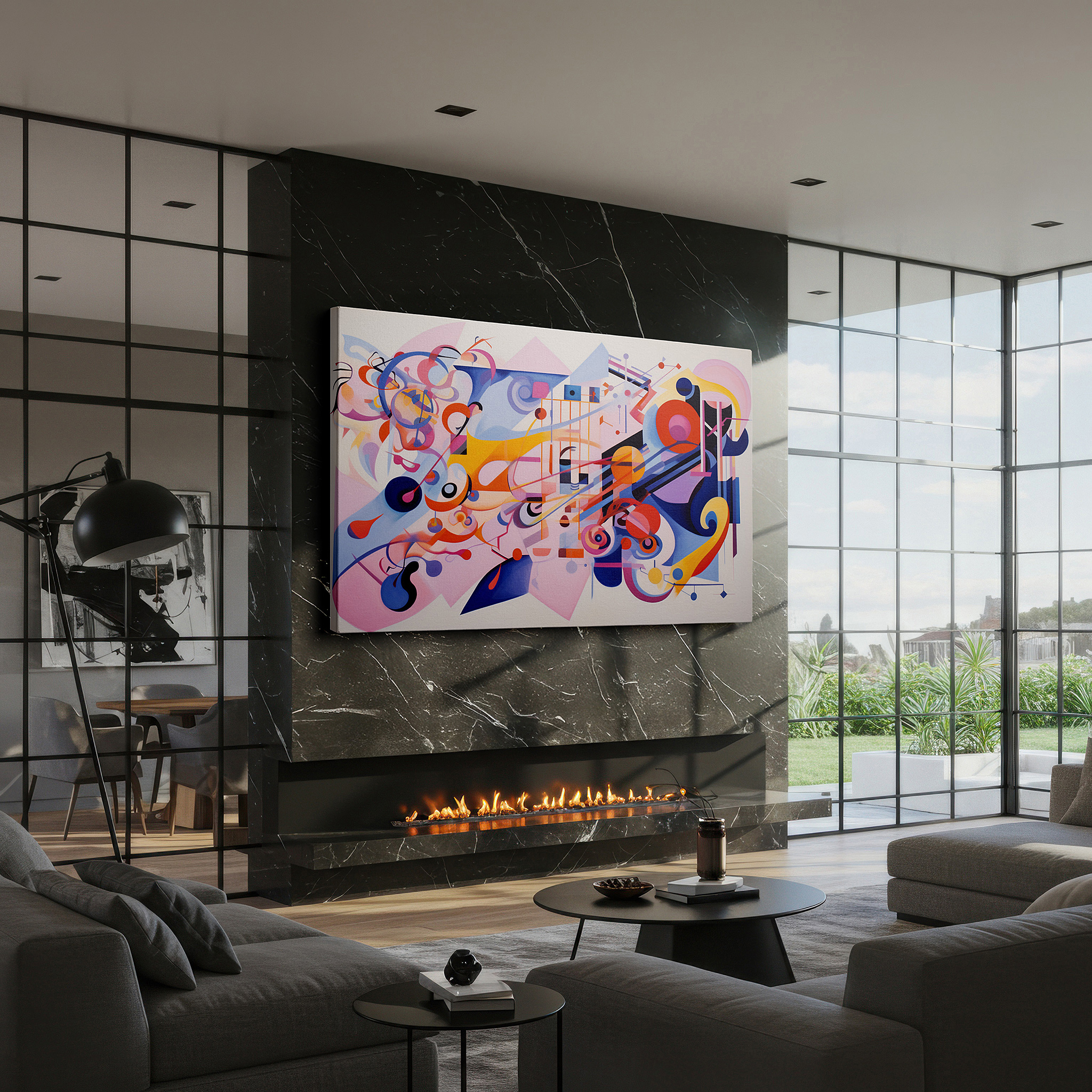 Positioned above a console table between ceramic vases — dynamic abstract artwork featuring fluid shapes and vibrant patterns, large canvas wall decor for office and bedroom
