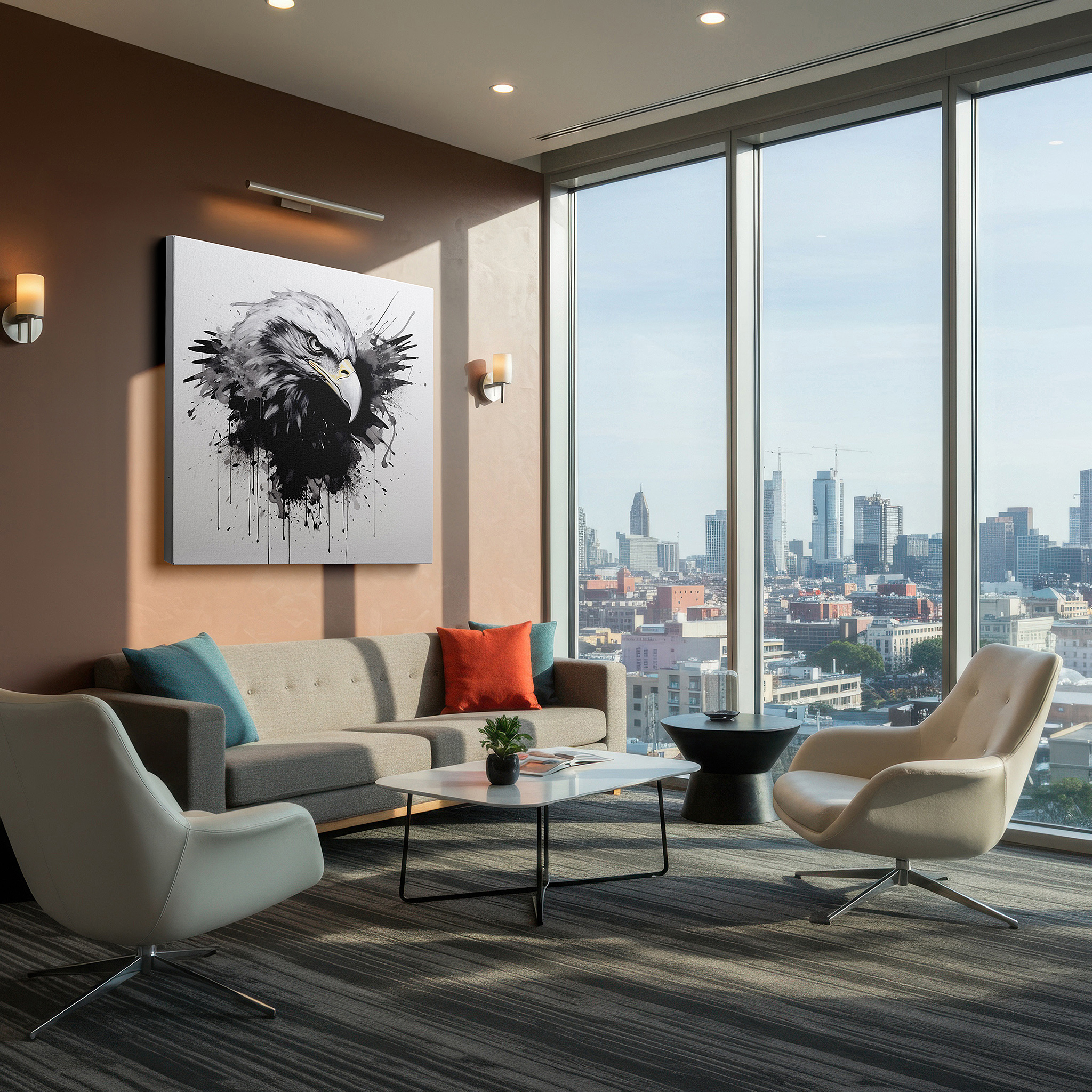 Positioned above a console table between ceramic vases — dynamic black and gray eagle in flight wall art, large canvas for office decor, embodying strength and freedom