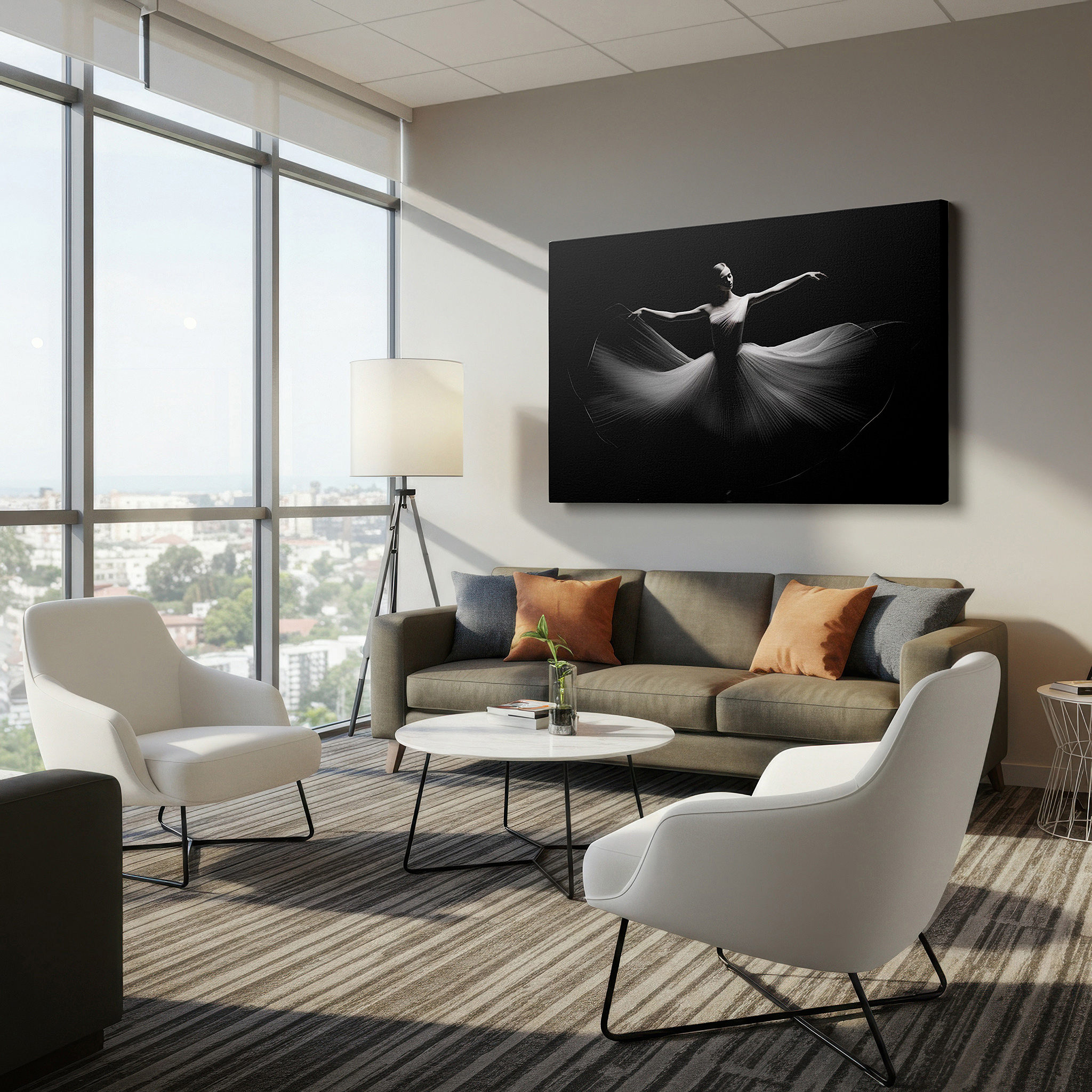 Positioned above a console table between ceramic vases — elegant dancer in motion: a symphony of fabric and light on a stark black background - large wall art, canvas wall art, wall decor