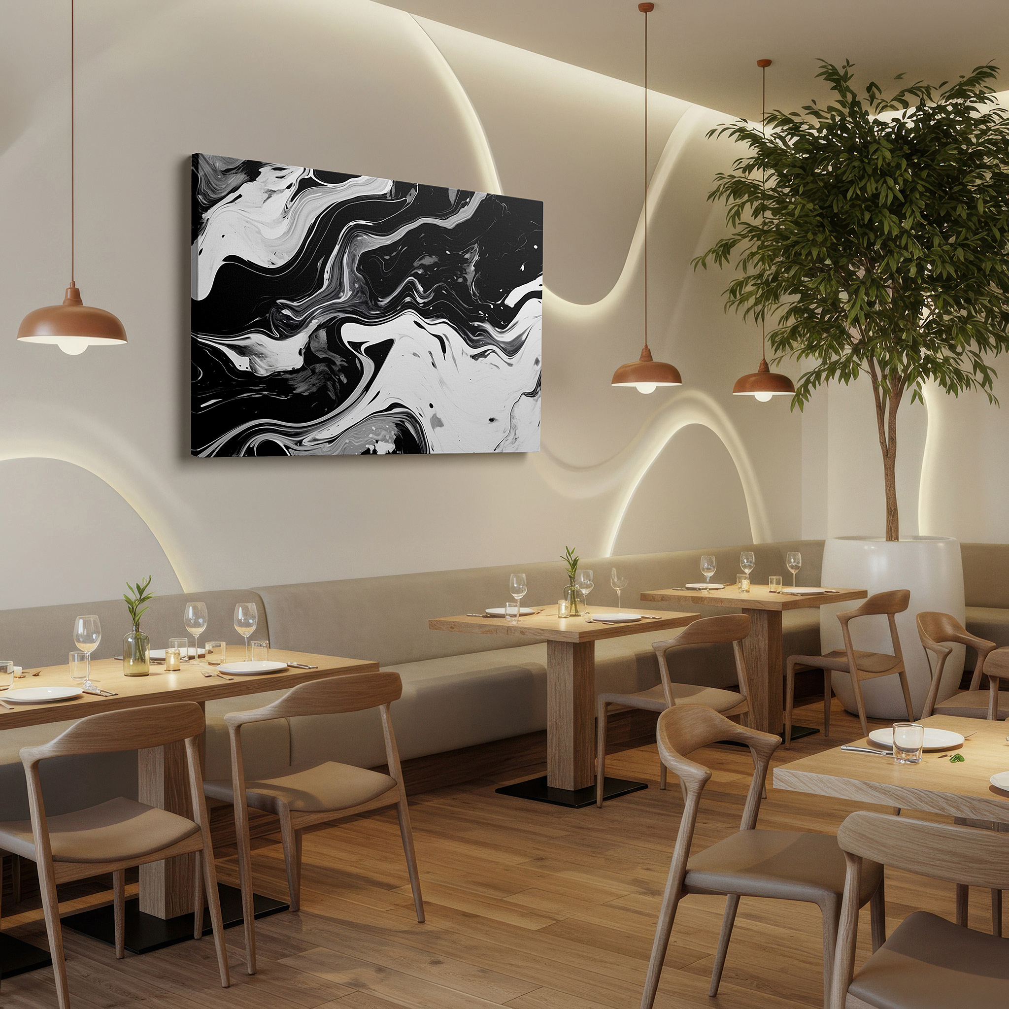 Positioned above a console table between ceramic vases — elegant and dynamic black and white marble abstract large wall art, canvas wall art, wall decor for modern offices