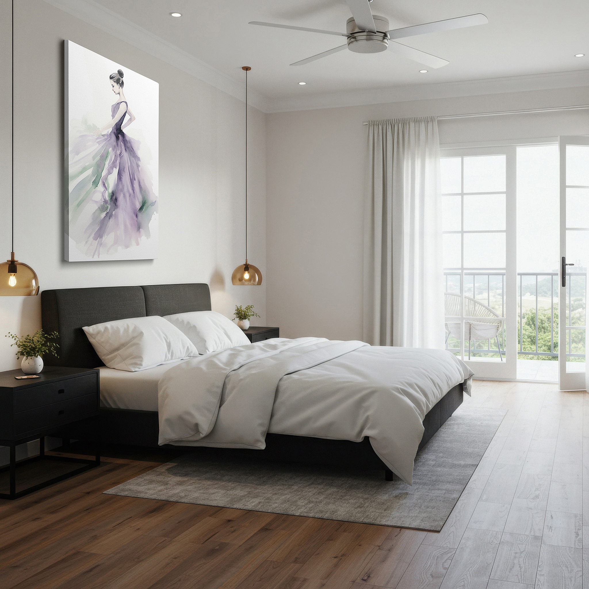 Positioned above a console table between ceramic vases — elegant purple grace - watercolor light and shadow dance large wall art, canvas decor for office and bedroom