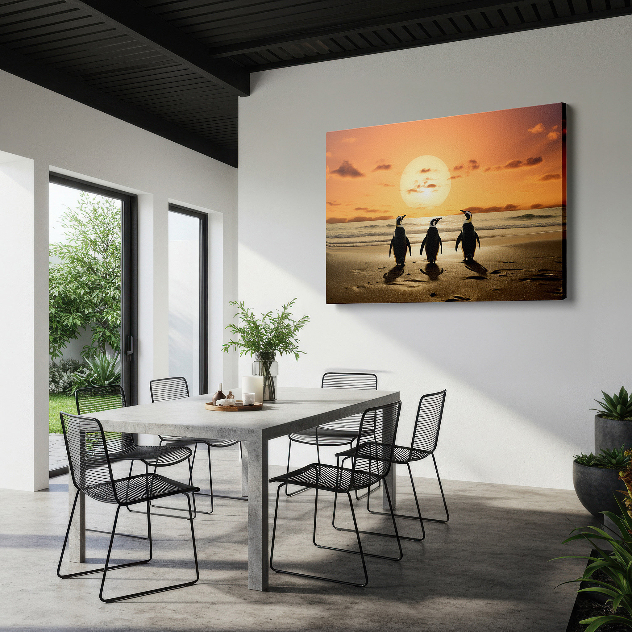 Positioned above a console table between ceramic vases — emperor penguins on a sandy beach at sunset: serene nature encounter - large canvas wall art for office decor