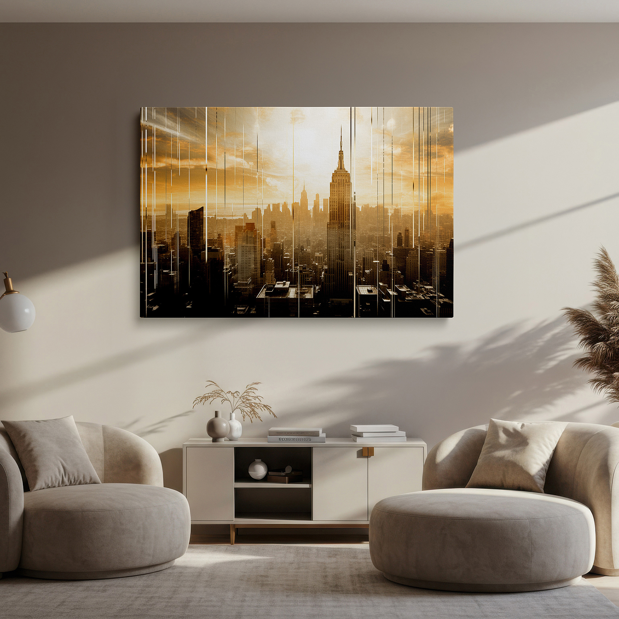 Positioned above a console table between ceramic vases — empire state building at sunrise - vibrant urban awakening large wall art, canvas wall art, wall decor for office and bedroom