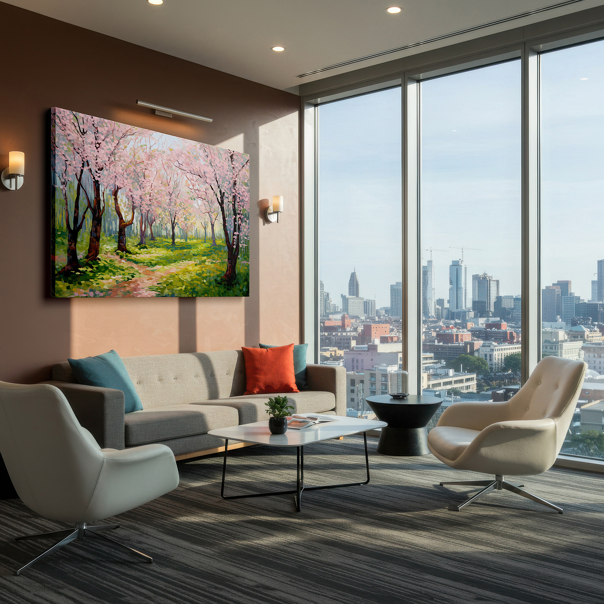 Positioned above a console table between ceramic vases — enchanting cherry blossoms along a peaceful park path illuminated by gentle sunlight - large canvas wall art for office and bedroom decor