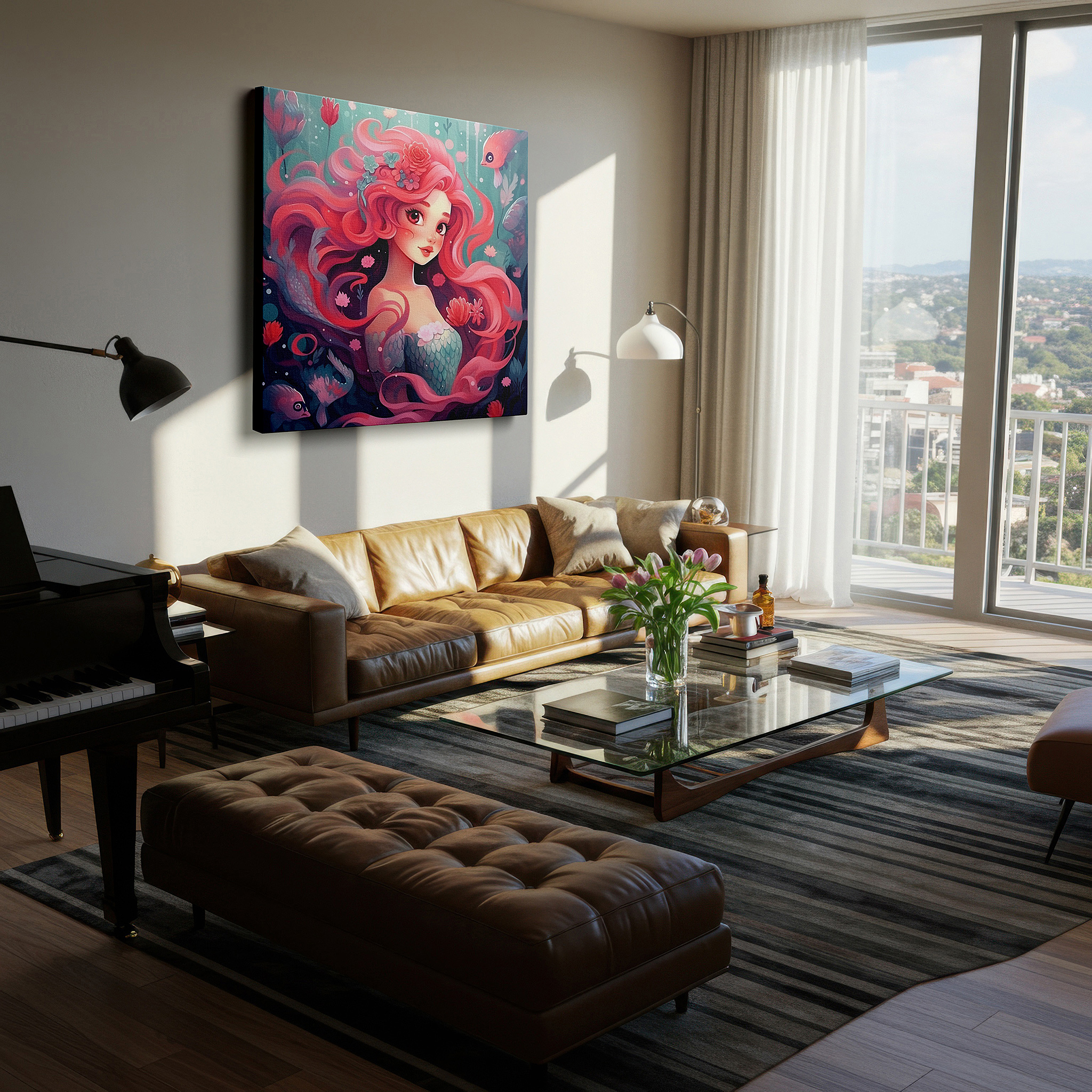 Positioned above a console table between ceramic vases — enchanting mermaid with coral hair large canvas wall art for bedroom and office decor in a magical underwater realm