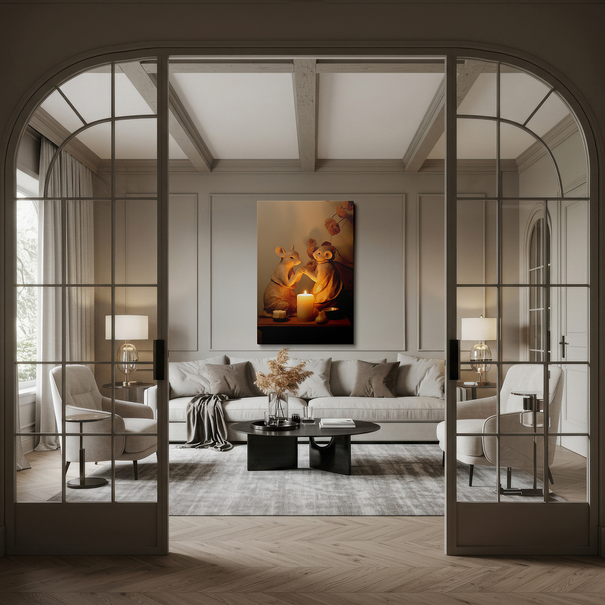 Positioned above a console table between ceramic vases — enchanting mouse figurines in candlelight shadow play: whimsical large wall art, canvas decor for office and home
