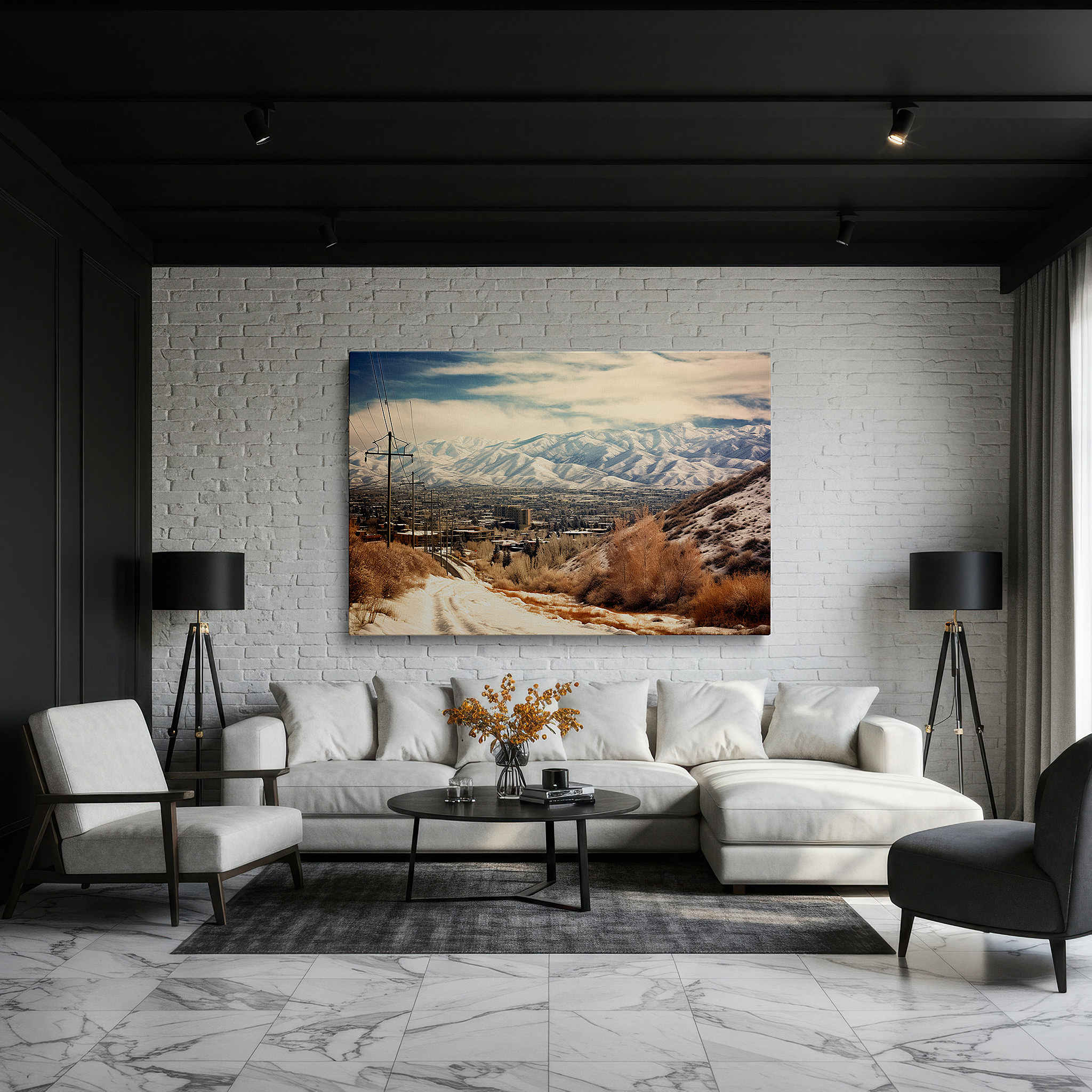 Positioned above a console table between ceramic vases — explore a peaceful winter scene with snow-capped mountains and pristine trails - large wall art, canvas wall art, wall decor