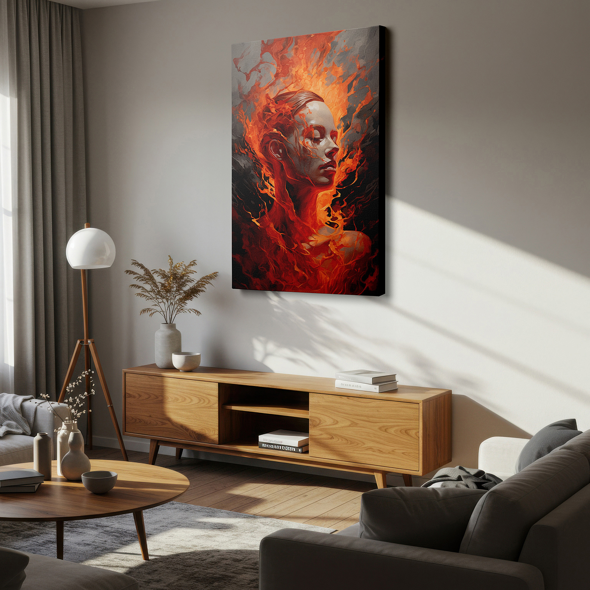 Positioned above a console table between ceramic vases — fiery aura of serenity: a vivid depiction of inner strength and transformation - large wall art, canvas wall art, wall decor for office and bedroom