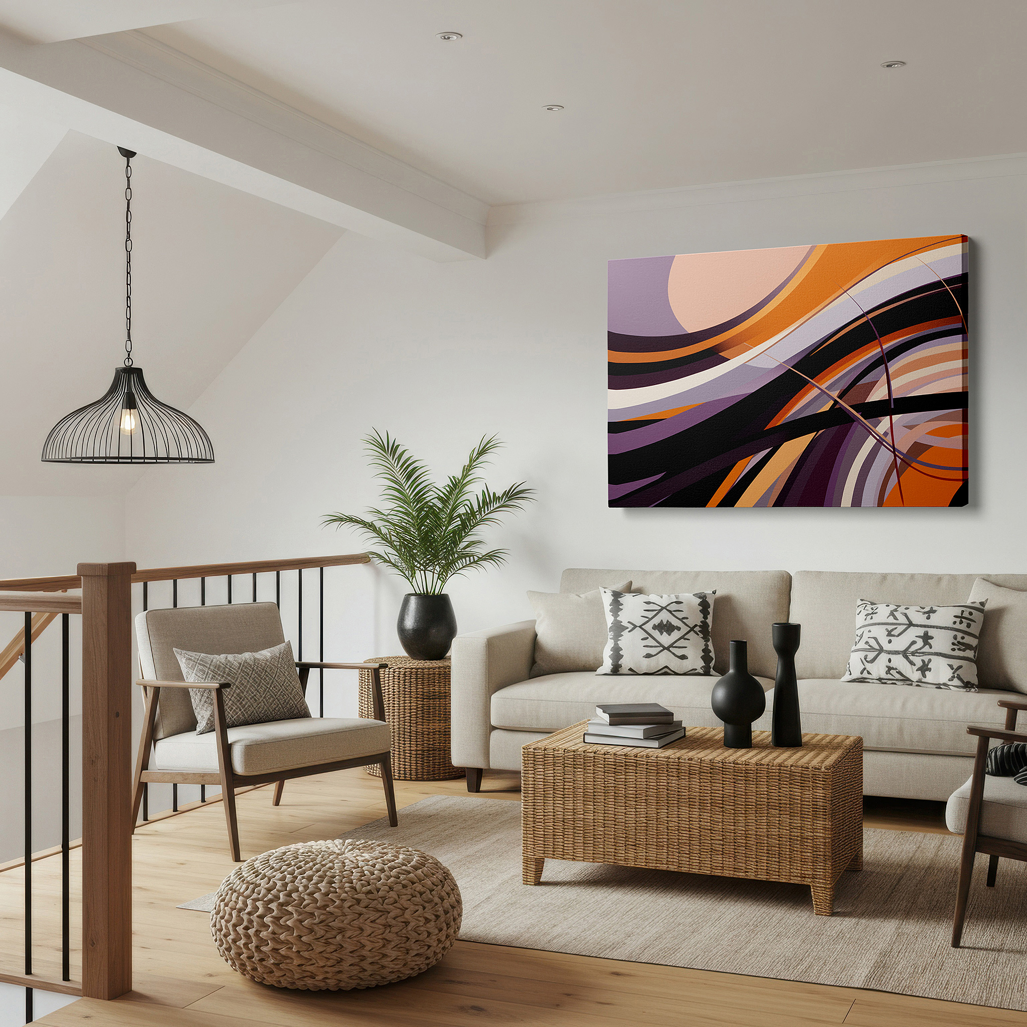 Positioned above a console table between ceramic vases — flowing curves in vibrant orange, purple, and black - large canvas wall art for office and bedroom decor