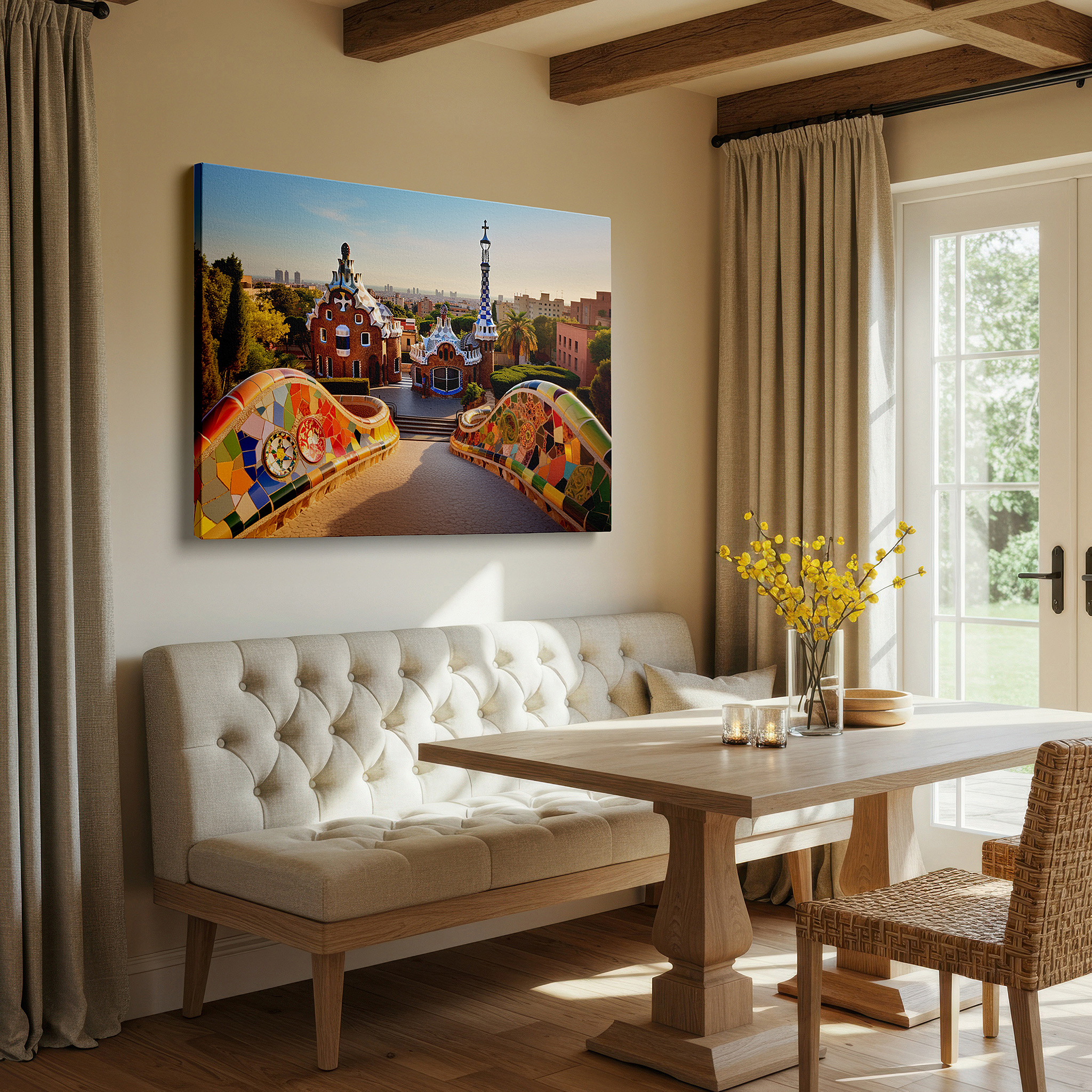 Positioned above a console table between ceramic vases — gaudí's surreal park güell vibrant mosaic large wall art, canvas wall decor for office and bedroom