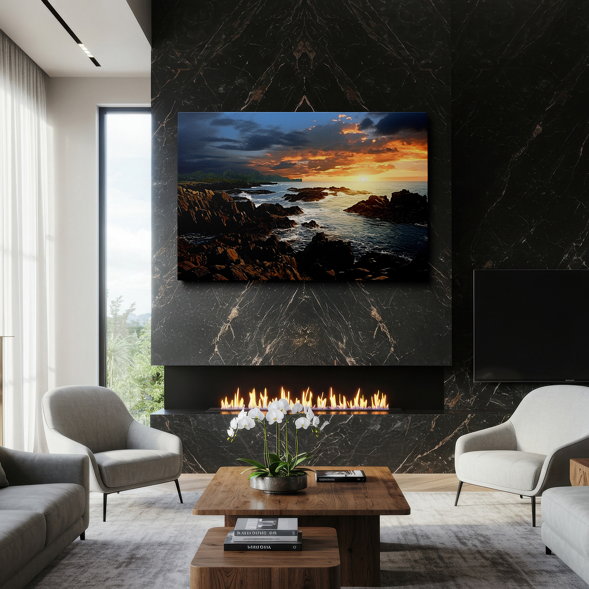 Positioned above a console table between ceramic vases — golden sunset on rugged coastline: a vivid symphony of light and shadow - large canvas wall art for home and office decor