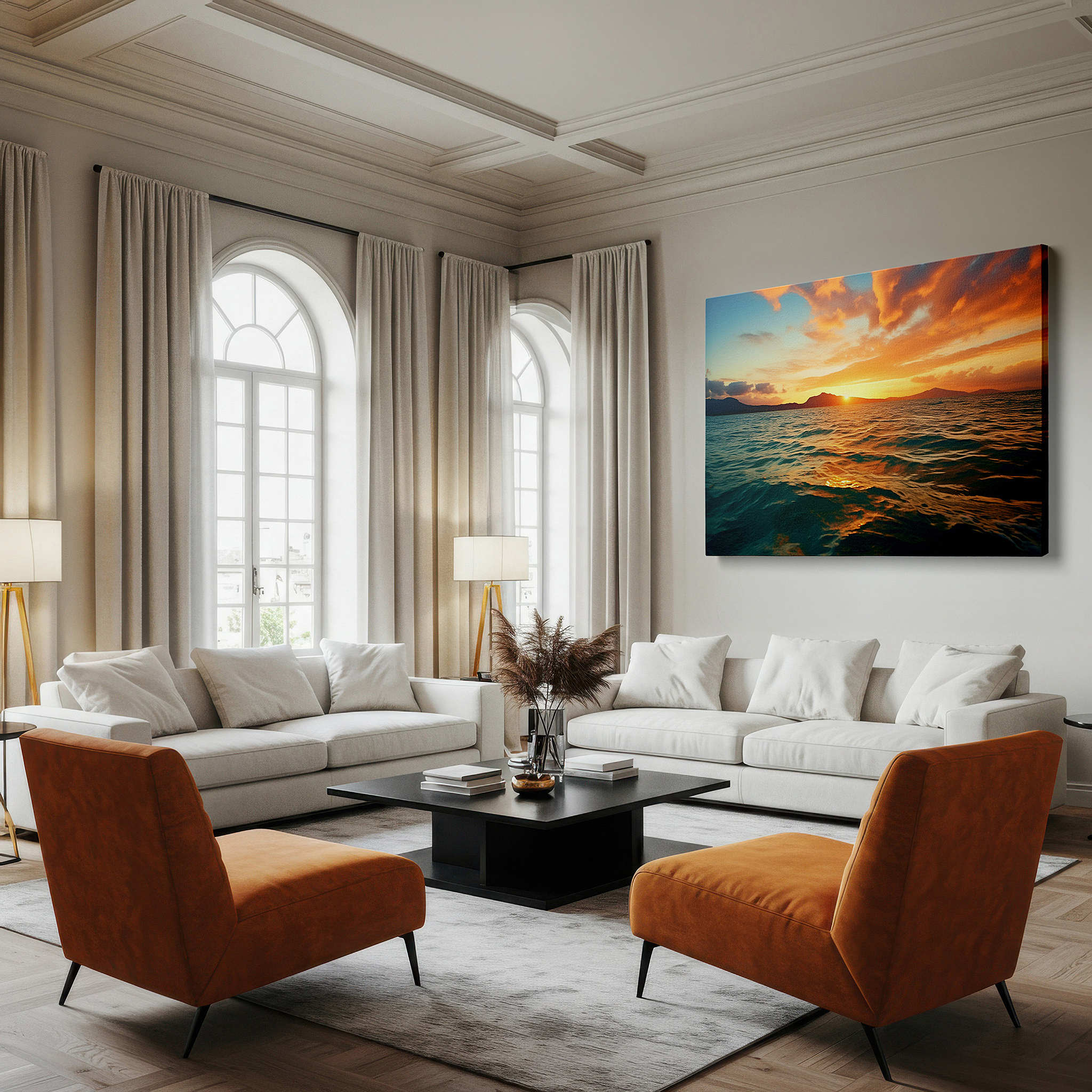 Positioned above a console table between ceramic vases — golden sunset over tranquil ocean: experience serenity with nature's beauty - large canvas wall art for home and office decor