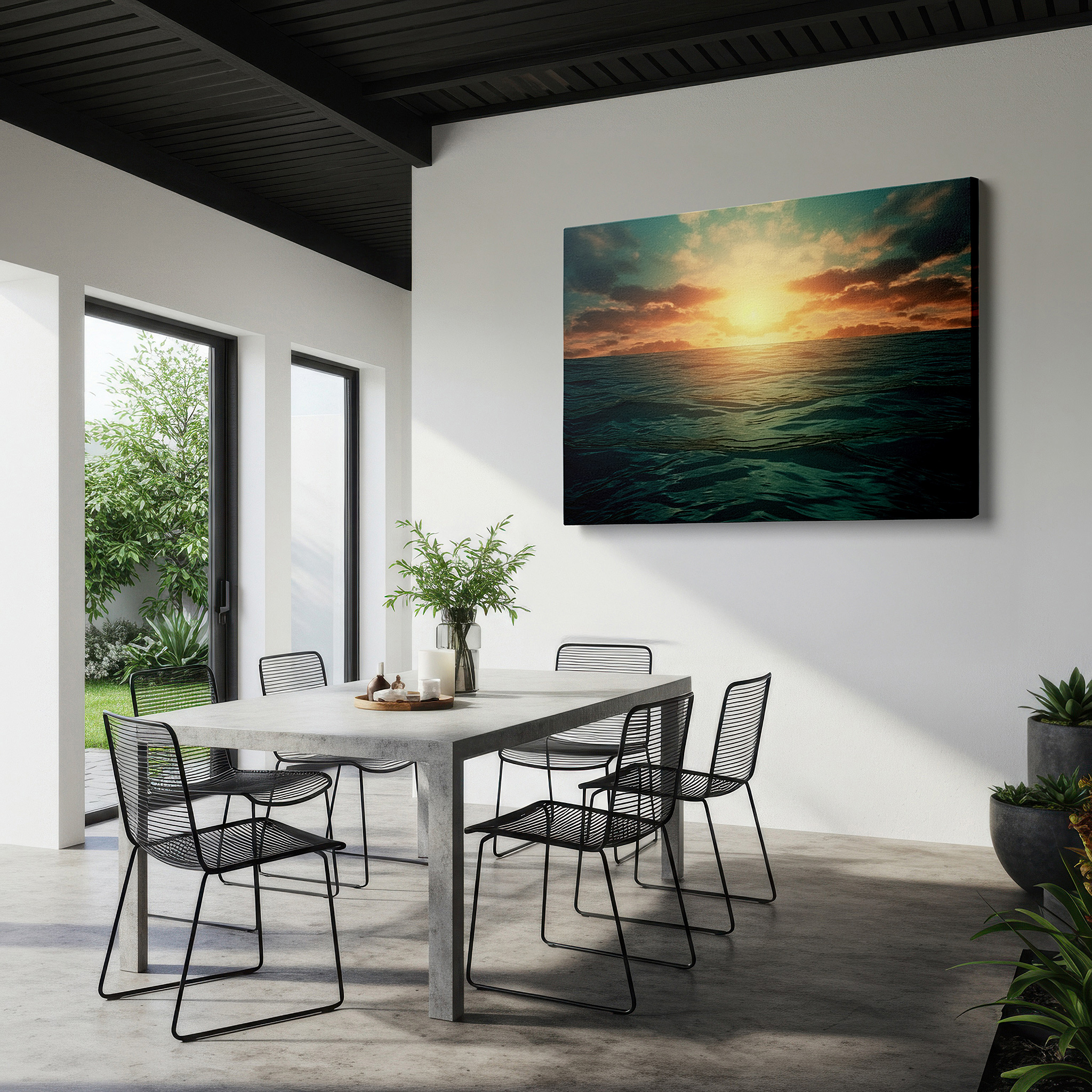 Positioned above a console table between ceramic vases — golden sunset and tranquil turquoise ocean large canvas wall art for office and bedroom decor