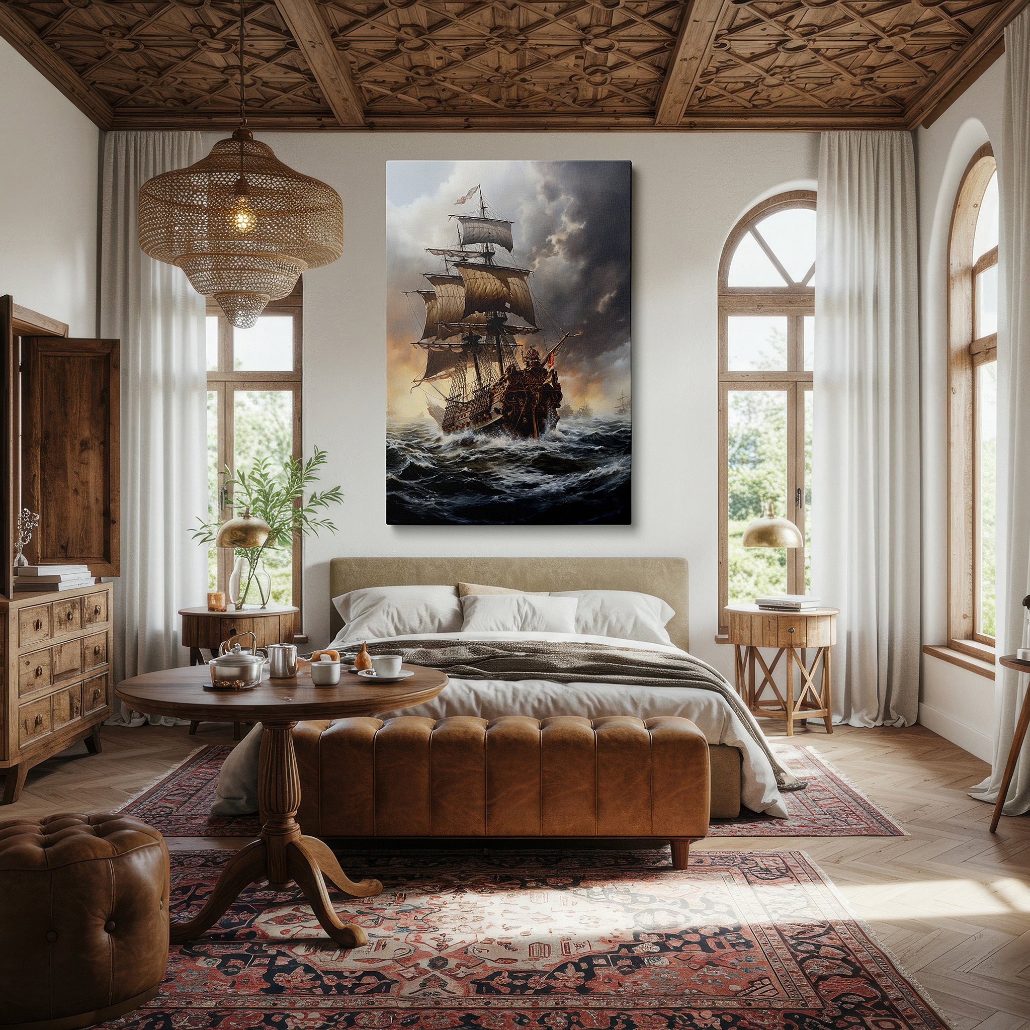 Positioned above a console table between ceramic vases — grand sailing ship in stormy seas large canvas wall art for office, bedroom, and living room decor