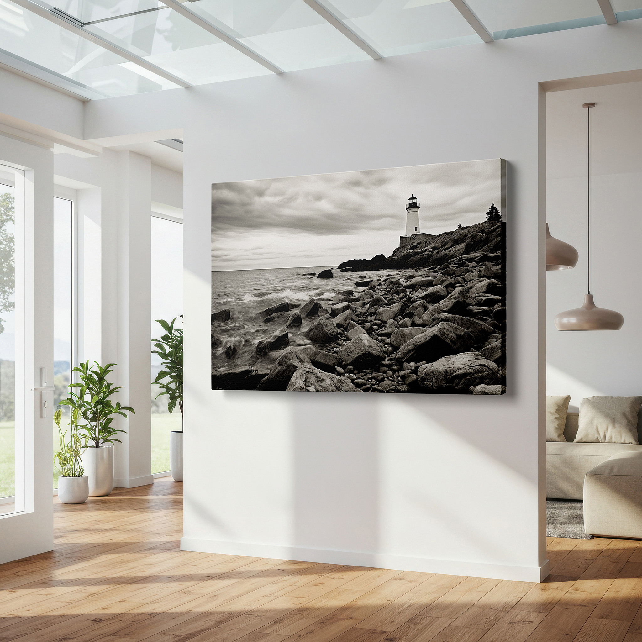 Positioned above a console table between ceramic vases — lighthouse of resilience wall art - a beacon of hope amidst turbulent seas, large canvas wall decor for office and bedroom