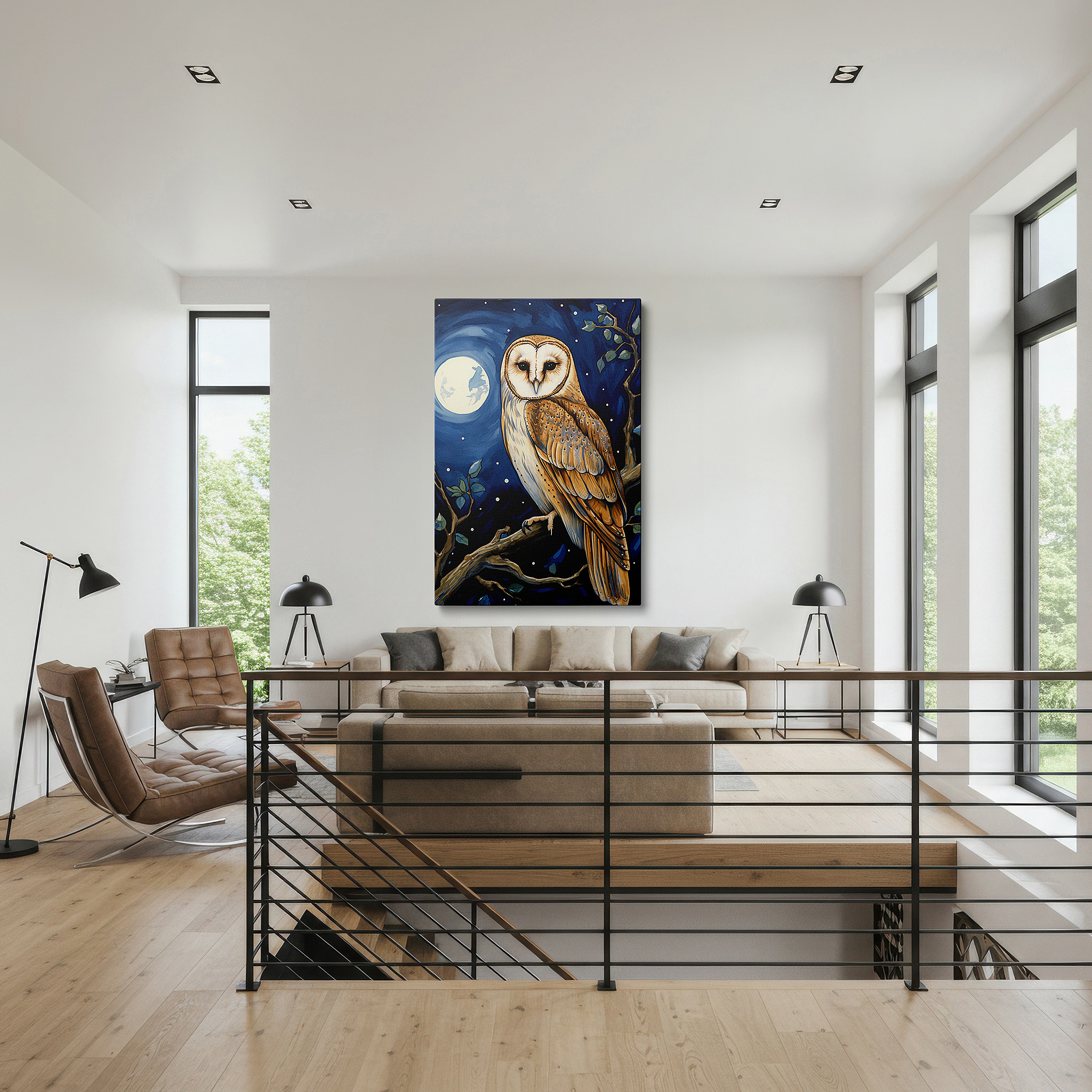 Positioned above a console table between ceramic vases — majestic barn owl under a starlit sky: experience the serenity of nature's nighttime splendor with large canvas wall art for home and office decor