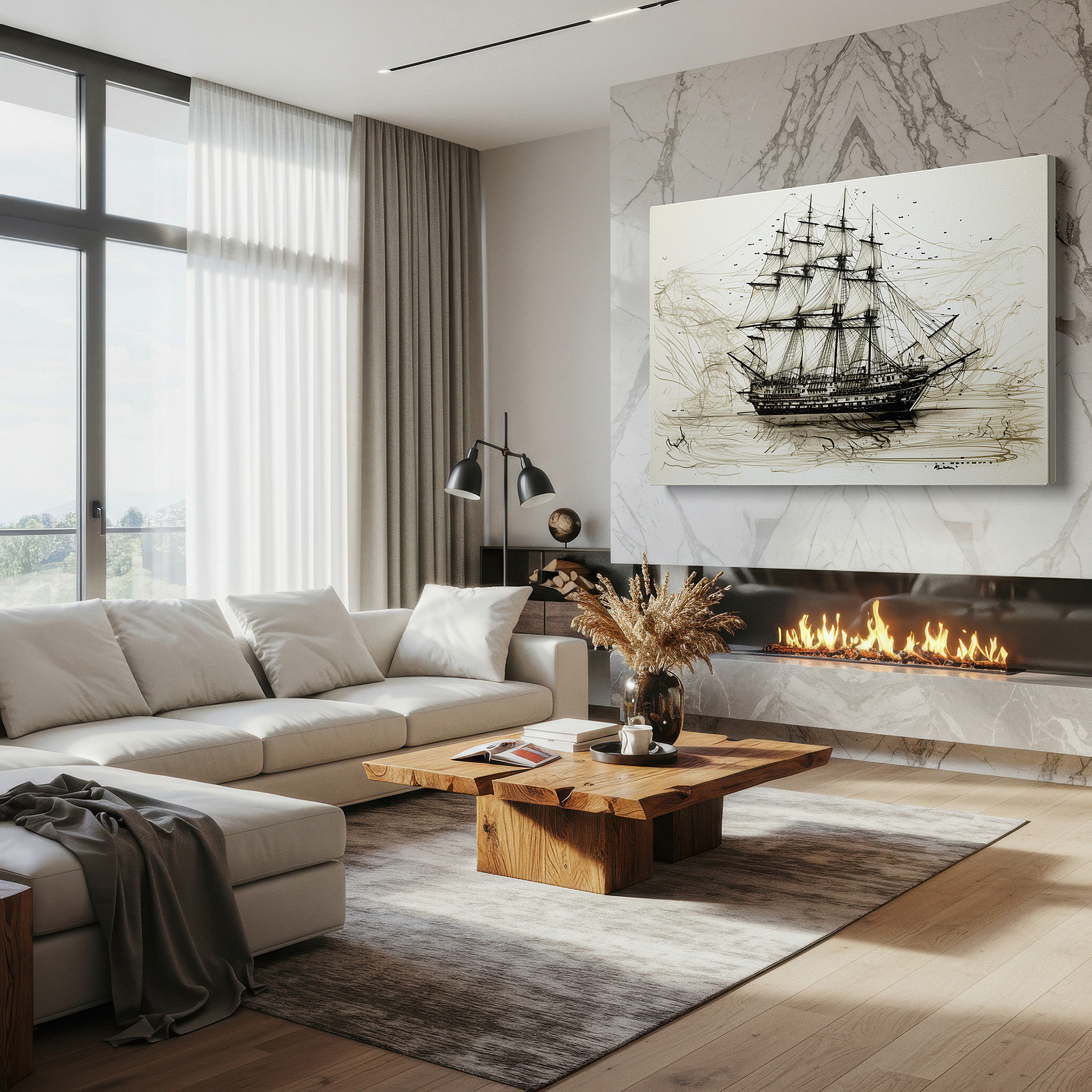Positioned above a console table between ceramic vases — majestic tall ship in full sail: a nautical masterpiece and adventure-themed large wall art, canvas wall art, wall decor for office