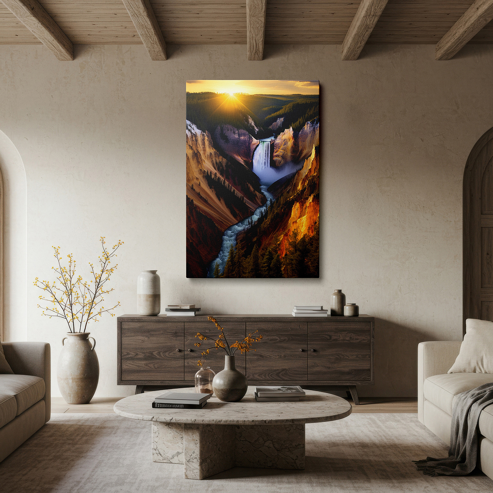 Positioned above a console table between ceramic vases — majestic waterfall at sunset canvas print - ideal for office, living room, or bedroom wall decor