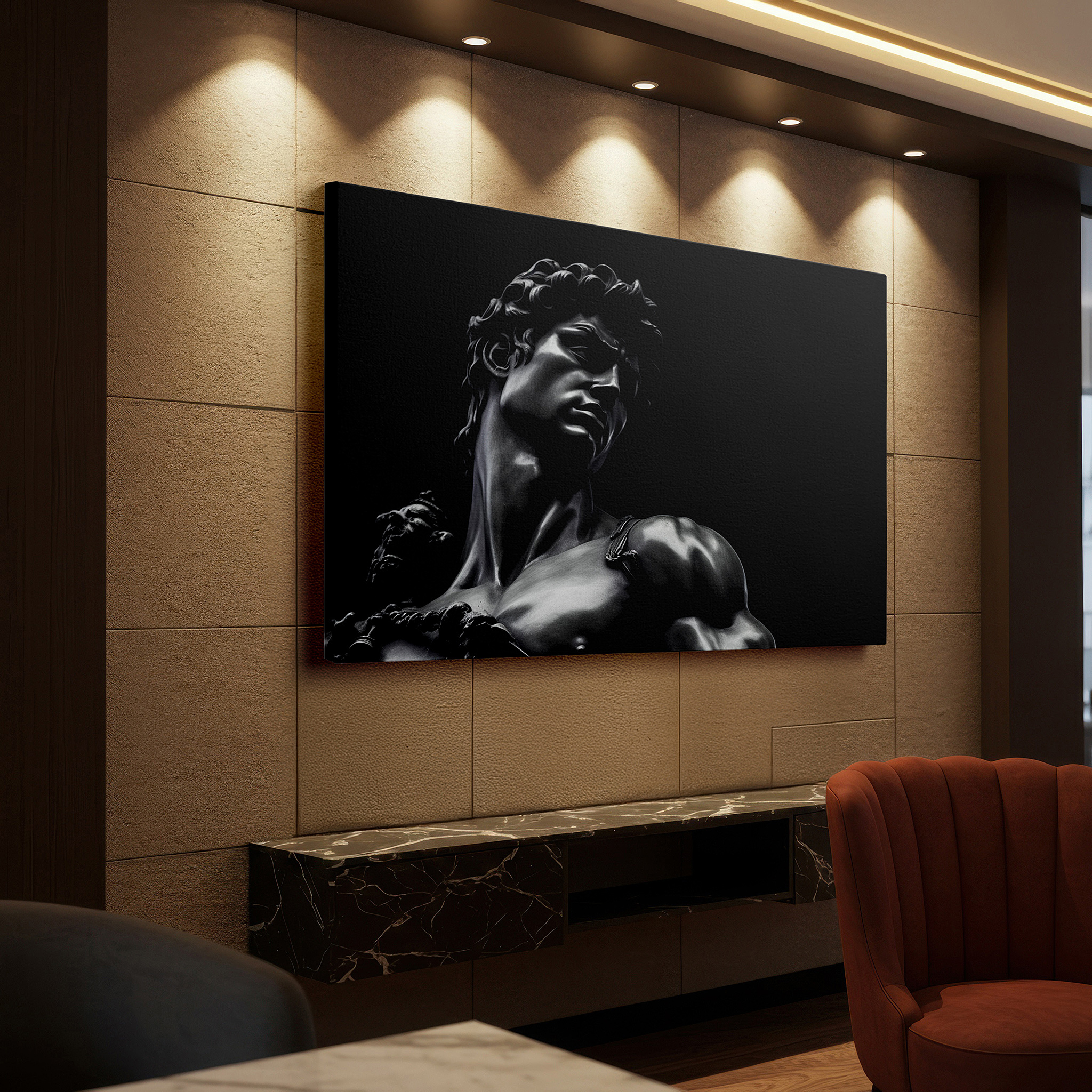 Positioned above a console table between ceramic vases — michelangelo's david close-up wall art: a masterpiece of human artistry and spirit - large canvas wall decor for office