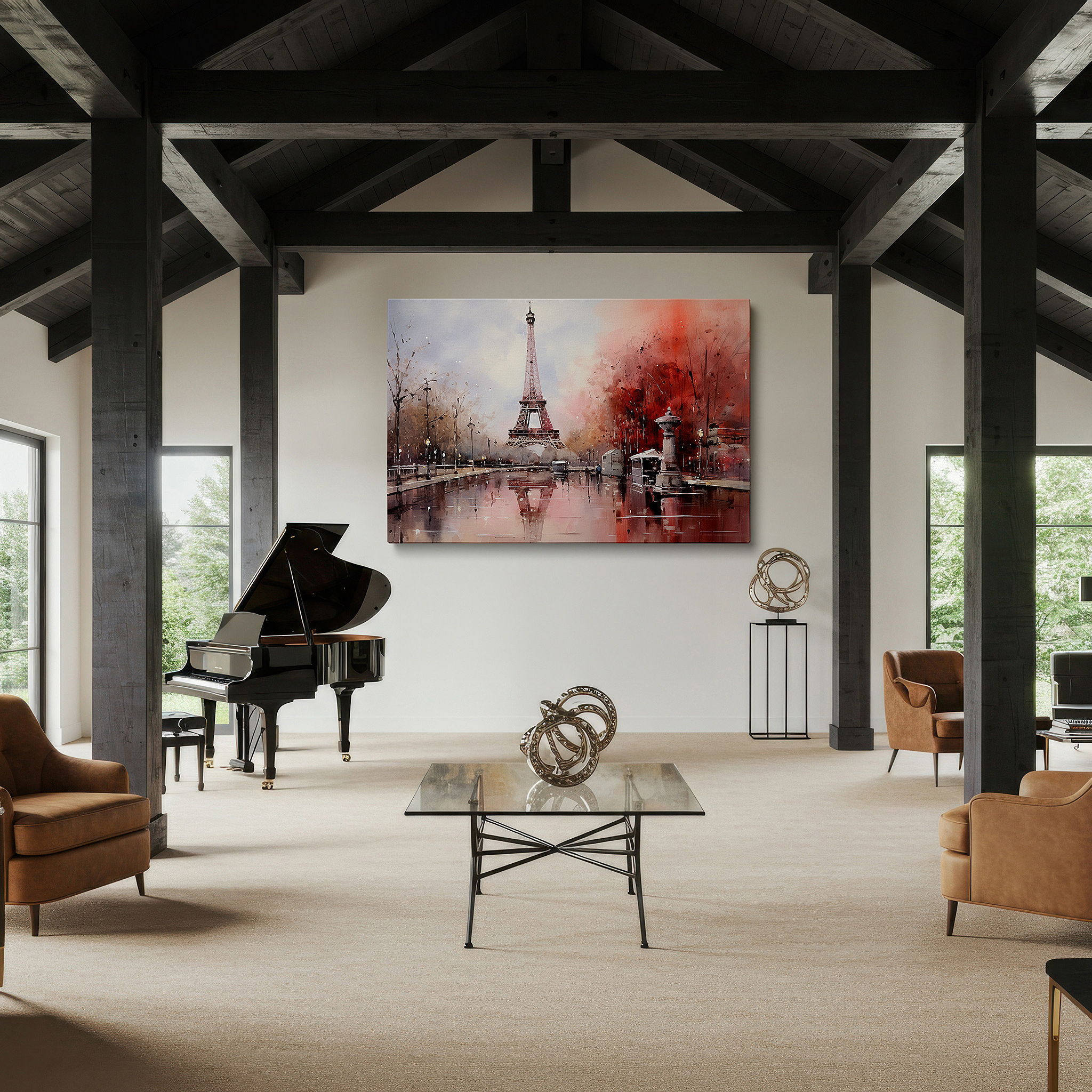 Positioned above a console table between ceramic vases — misty eiffel tower dream scene: serene parisian large wall art, canvas decor for office and bedroom