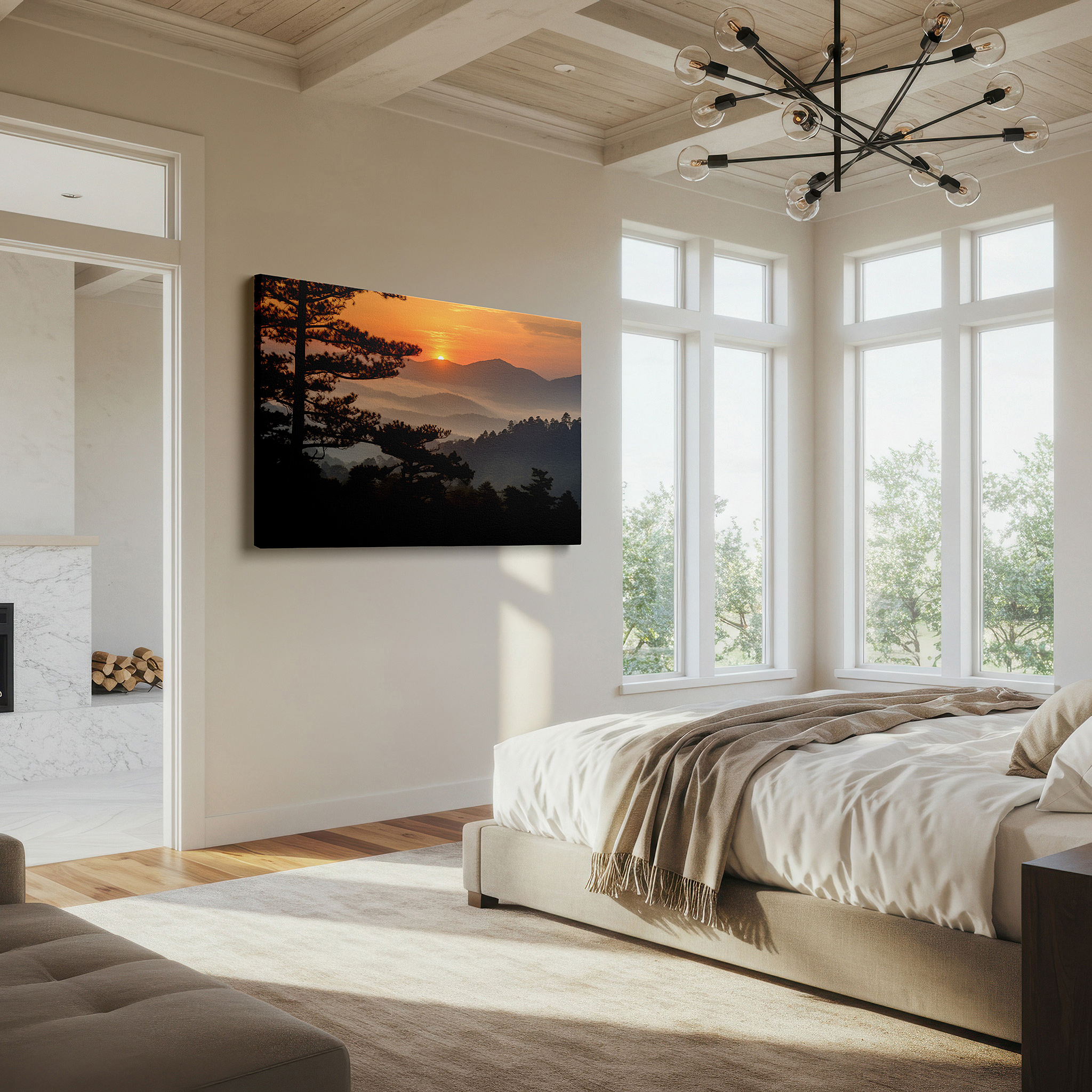 Positioned above a console table between ceramic vases — misty mountain sunset glow, majestic pine-framed radiant skies, large canvas wall art for office and bedroom decor