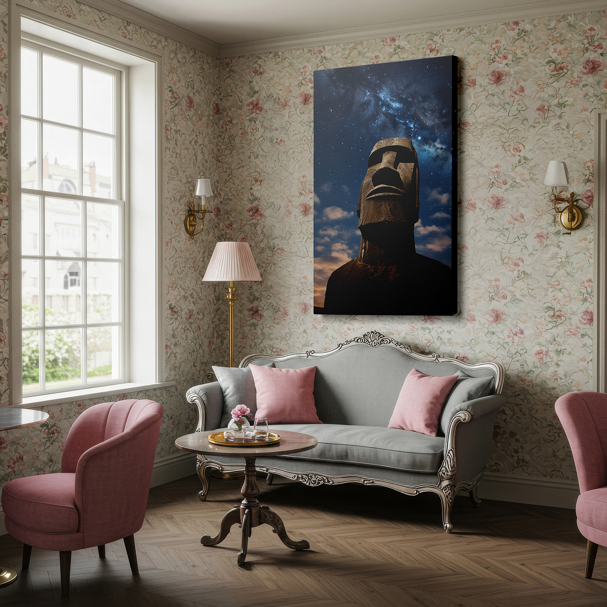 Positioned above a console table between ceramic vases — moai statue beneath a starlit sky: a celestial dance of ancient mystique and cosmic wonder - large wall art, canvas wall art, wall decor for office