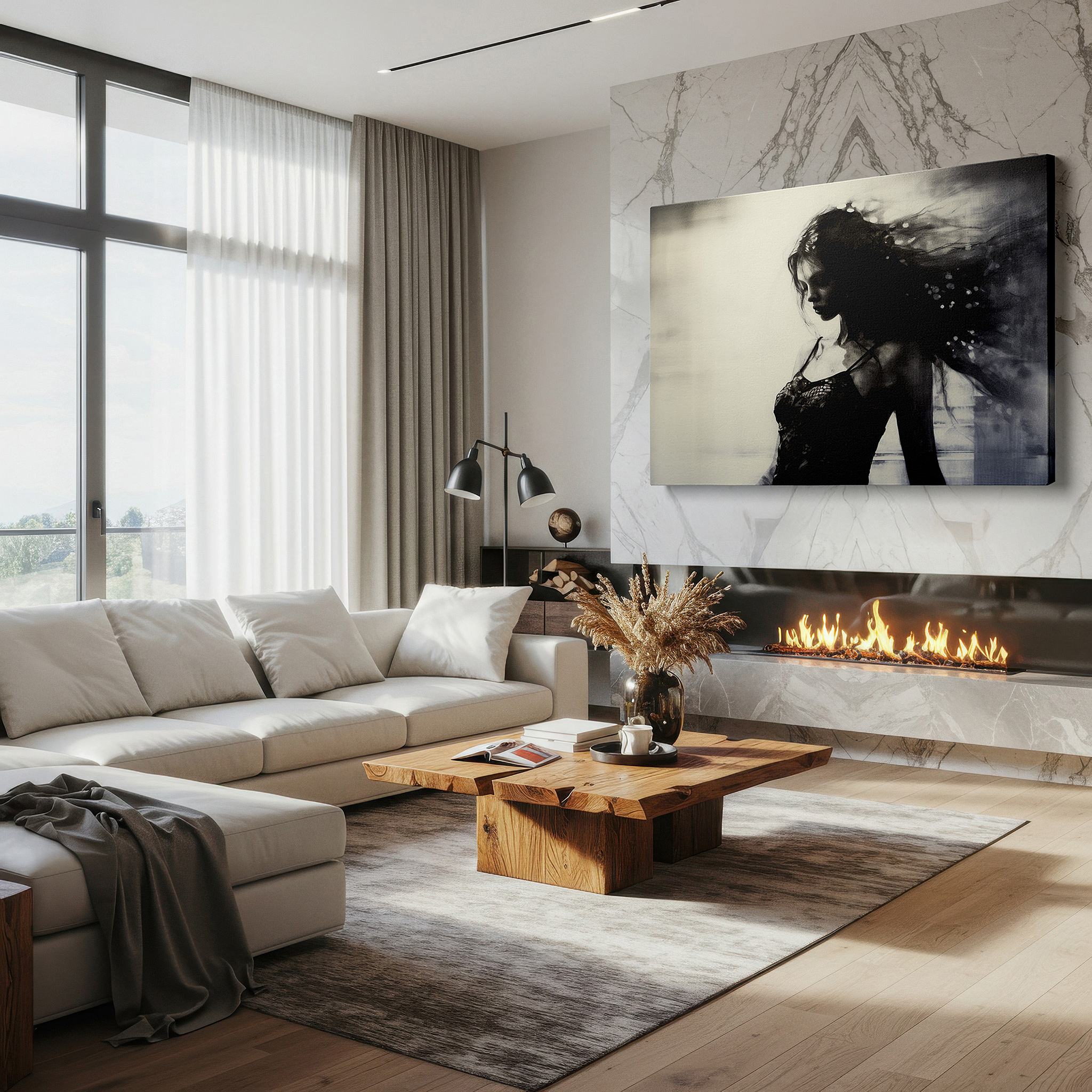 Positioned above a console table between ceramic vases — monochromatic essence of femininity: timeless light and shadow interplay, large canvas wall art for office decor