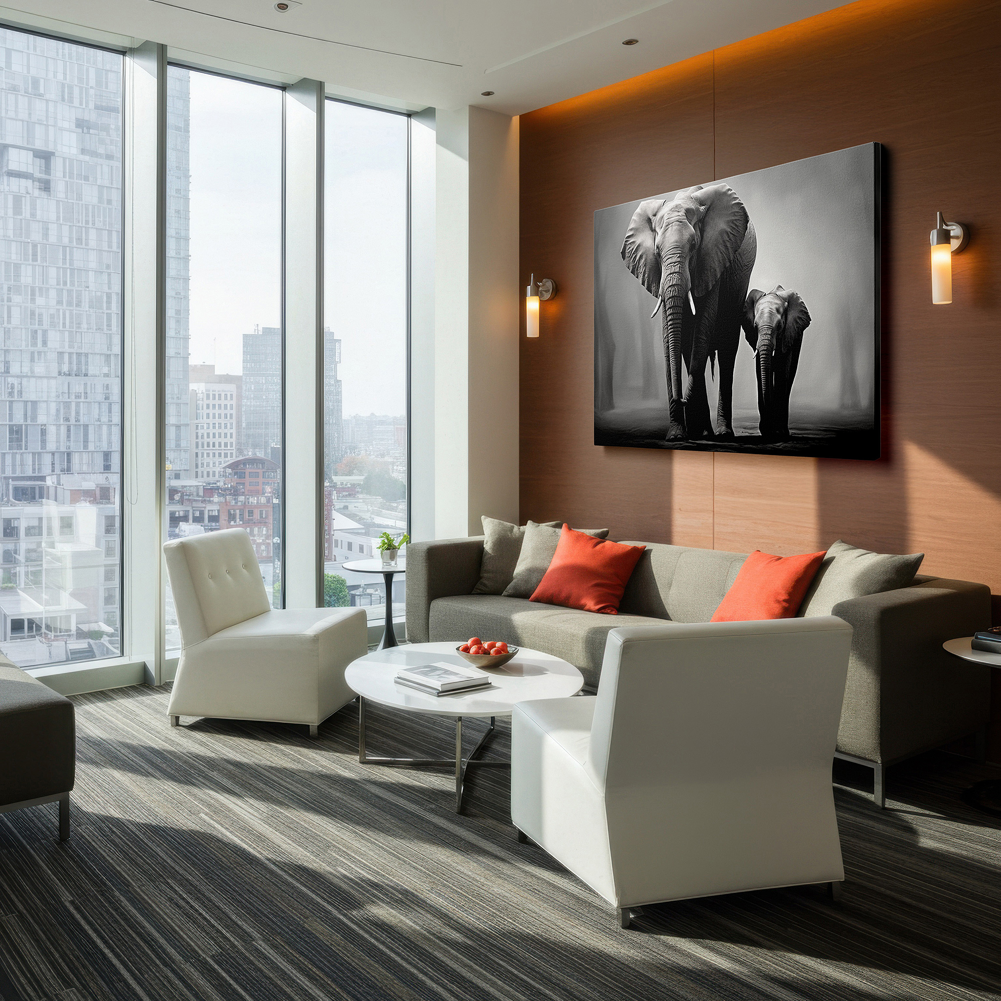 Positioned above a console table between ceramic vases — monochrome majestic elephants: celebrating family ties and conservation - large wall art, canvas wall art, wall decor for offices