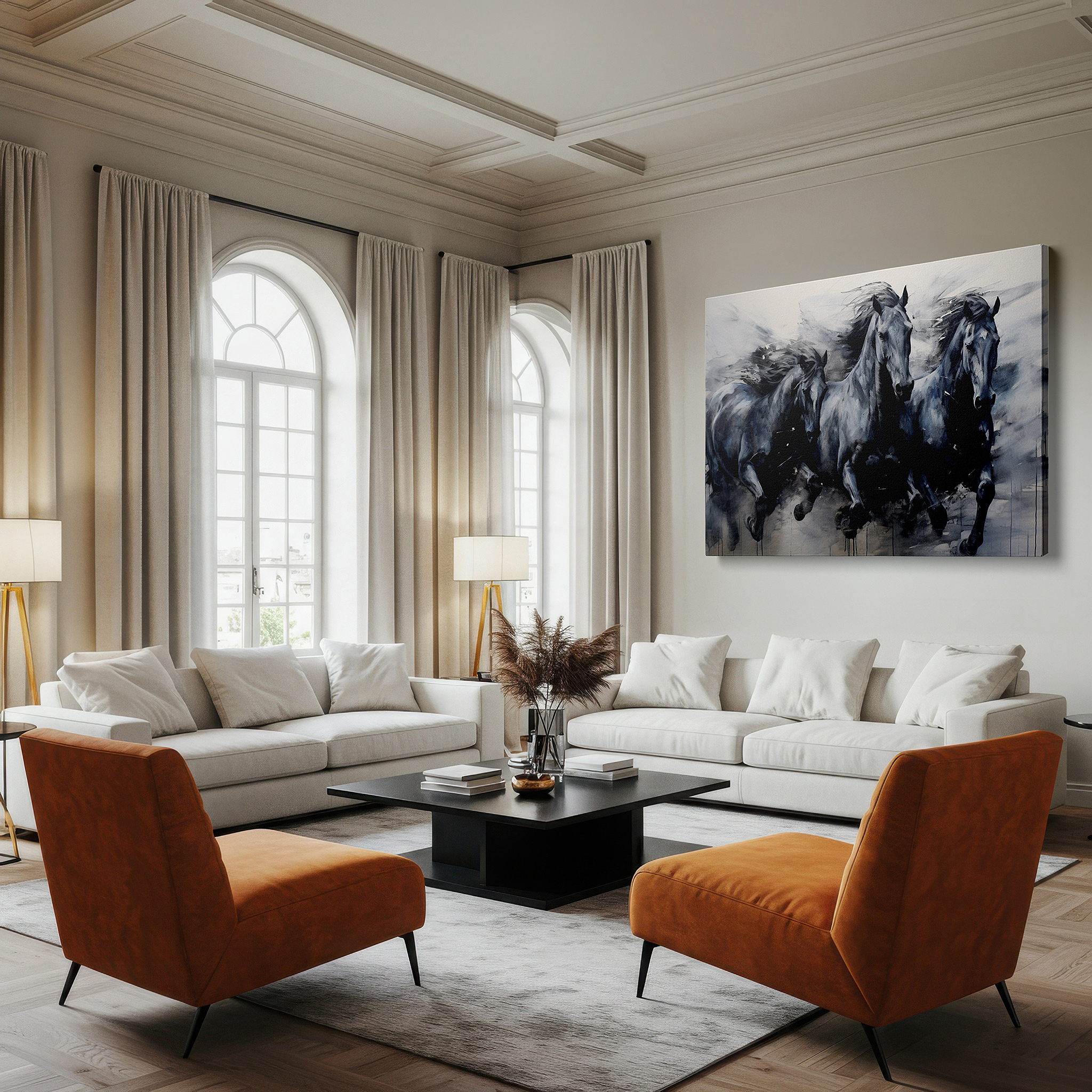 Positioned above a console table between ceramic vases — monochrome thunder - a dynamic symphony of speed and unity large wall art, canvas wall art, wall decor for office and bedroom