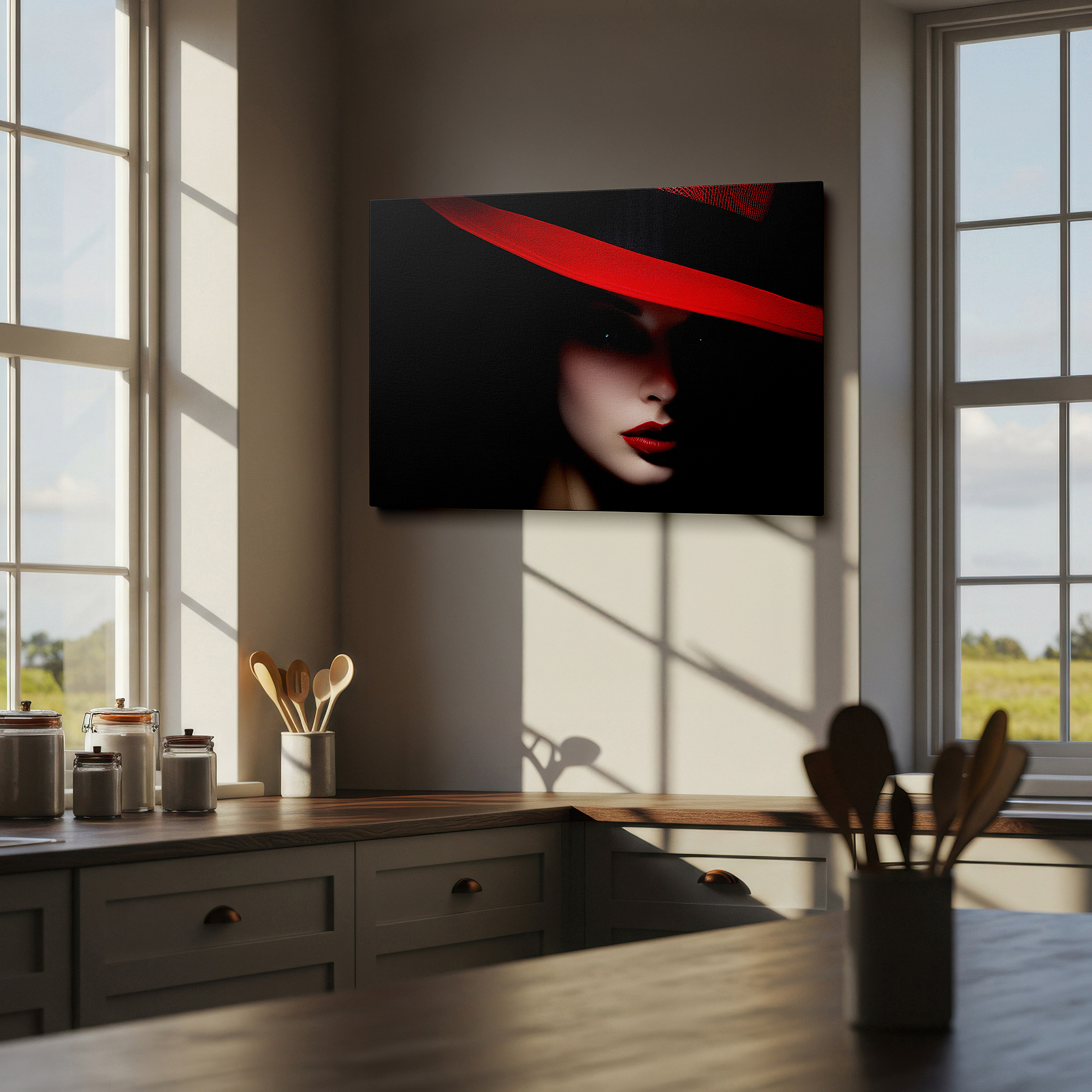 Positioned above a console table between ceramic vases — mysterious and alluring portrait with bold red hat and vivid lips - large canvas wall art for office and bedroom decor