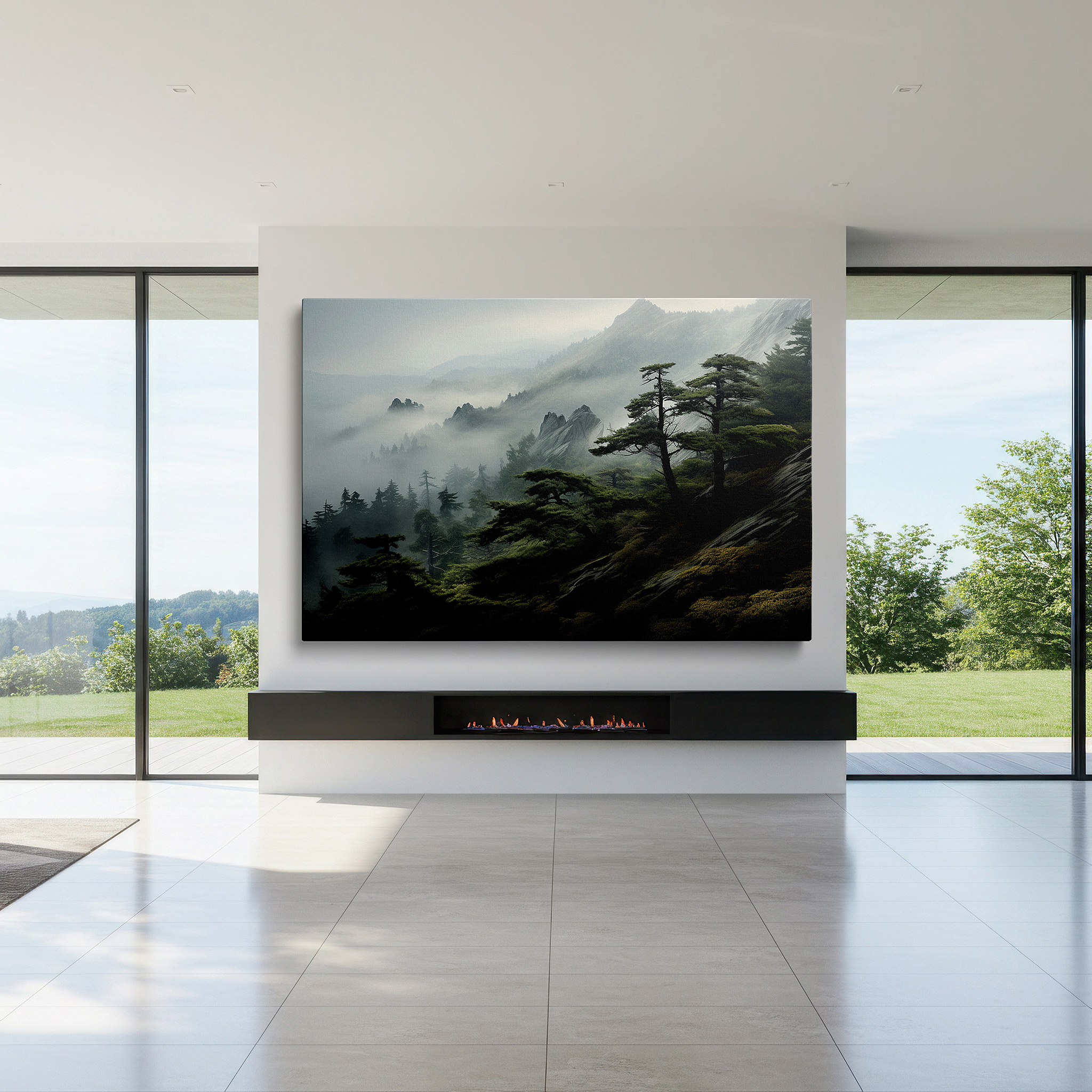 Positioned above a console table between ceramic vases — mystical mountain landscape in mist wall art: serene wilderness masterpiece for large canvas decor, ideal for office and bedroom