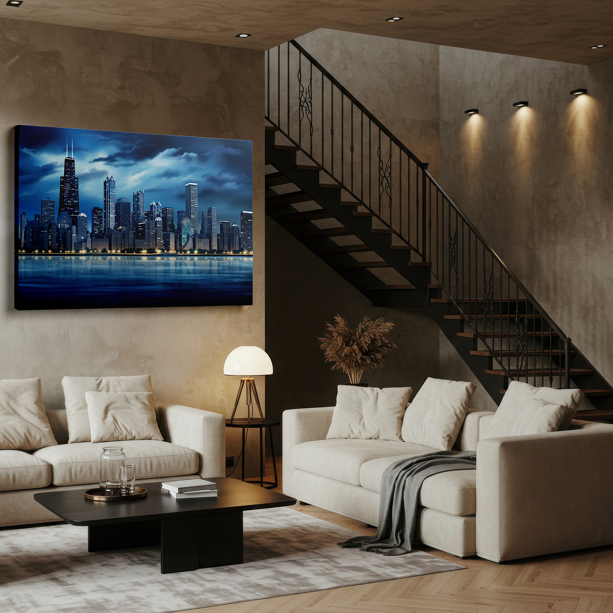 Positioned above a console table between ceramic vases — nighttime city skyline - modern urban light and reflection tapestry, large canvas wall art for office and bedroom decor