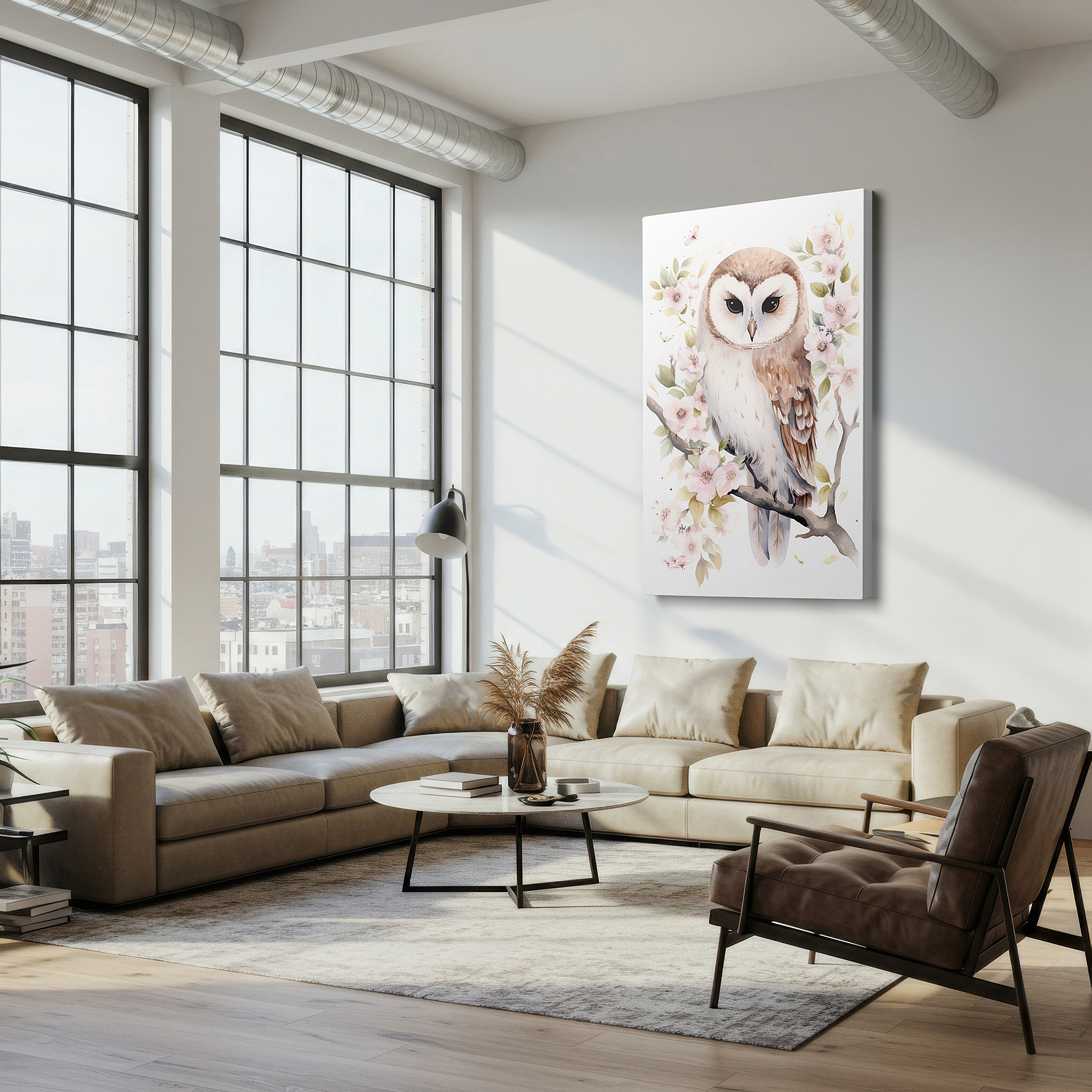 Positioned above a console table between ceramic vases — owl's serene wisdom amid ethereal flowers: a harmonious display of nature's delicate balance - large canvas wall art