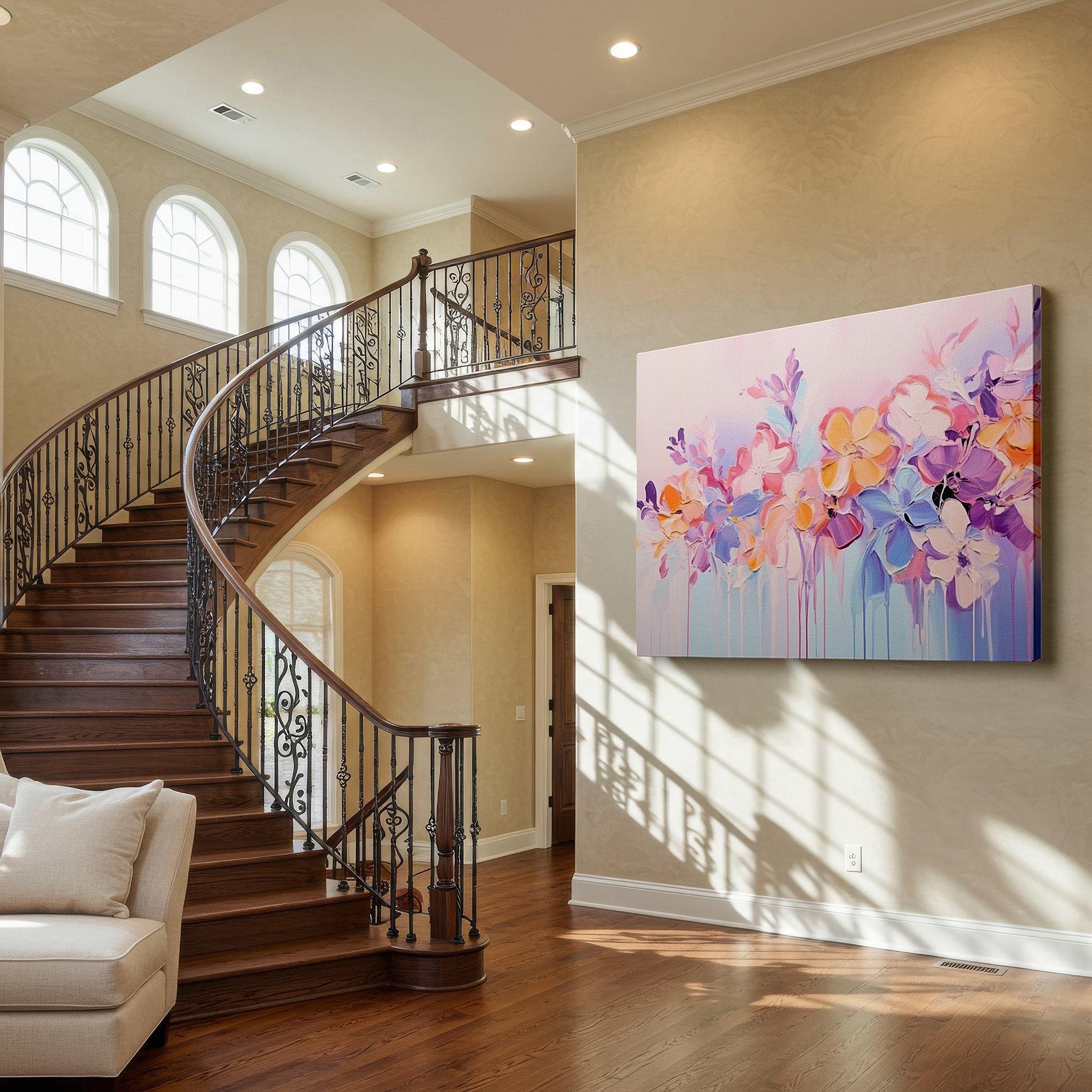 Positioned above a console table between ceramic vases — pastel floral symphony: tranquil and dreamy large wall art for serene spaces - ideal for office and bedroom decor