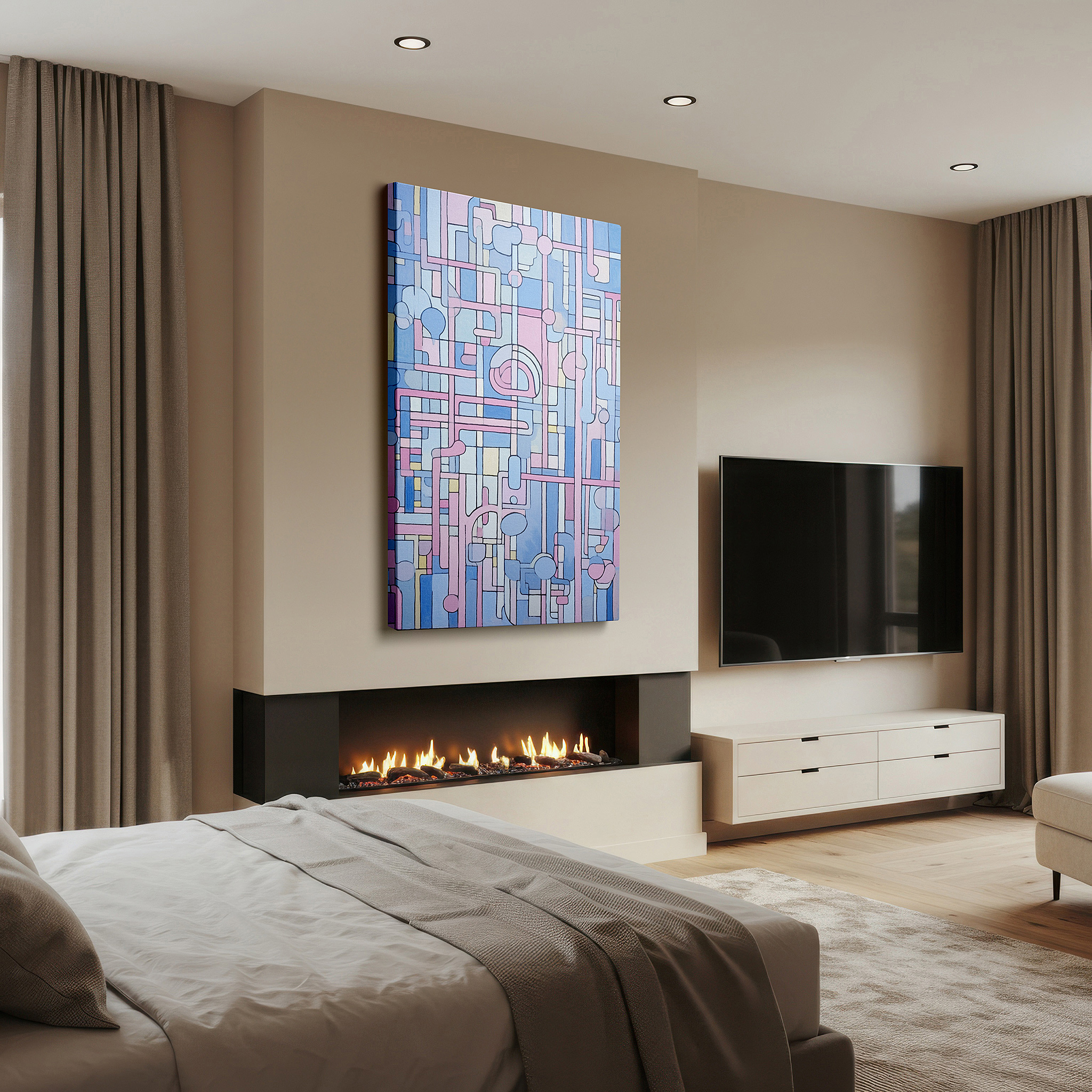 Positioned above a console table between ceramic vases — pastel geometric harmony: tranquil large wall art for bedrooms and offices, including canvas and decor options