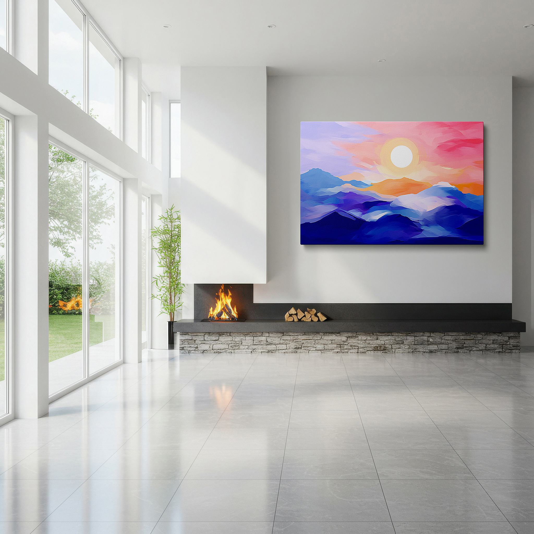 Positioned above a console table between ceramic vases — pastel-hued ethereal mountain sunset - tranquil abstract large wall art, canvas wall decor for office and bedroom
