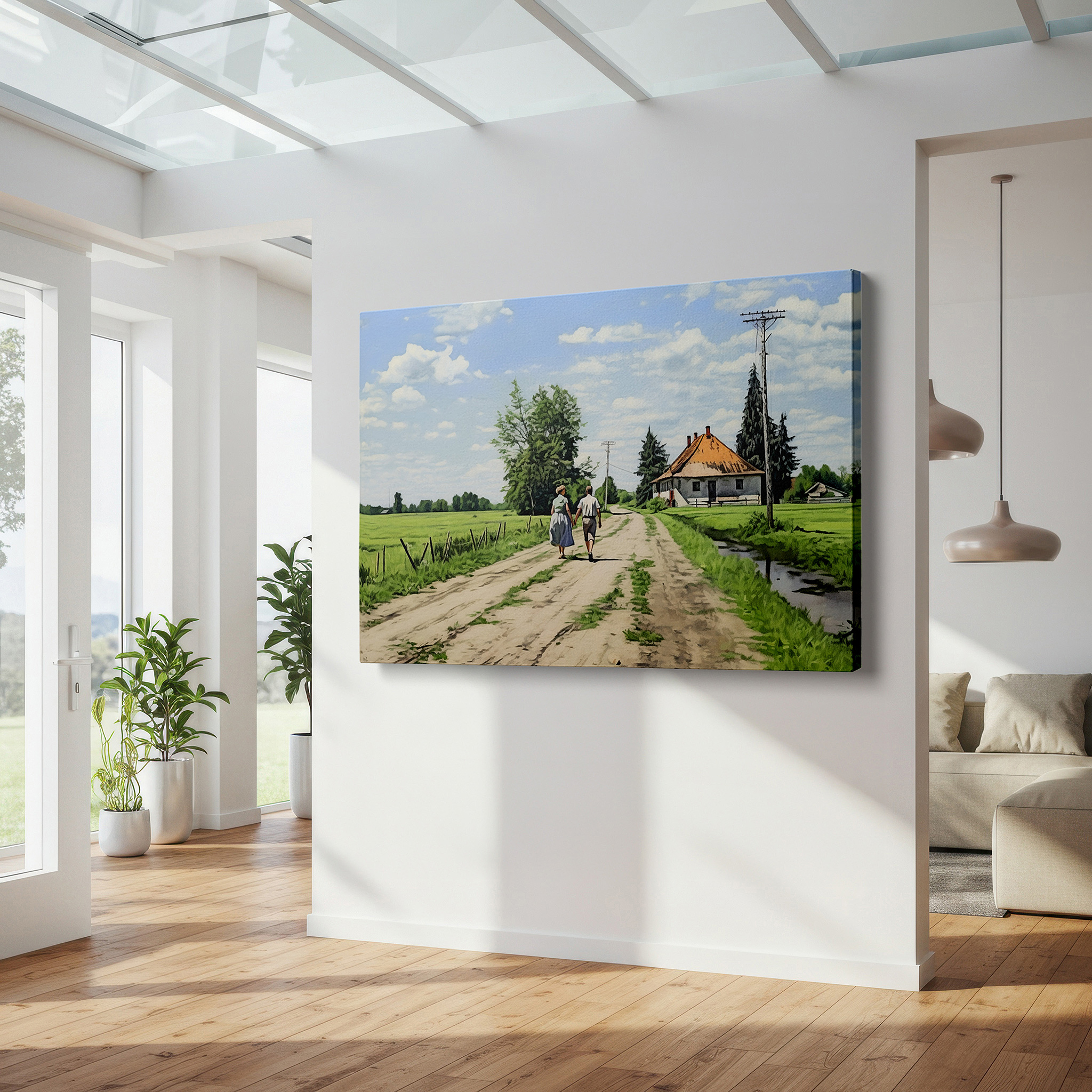 Positioned above a console table between ceramic vases — peaceful walk through nature's mosaic, celebrating friendship beneath the expansive blue sky - large wall art, canvas wall art, wall decor for office