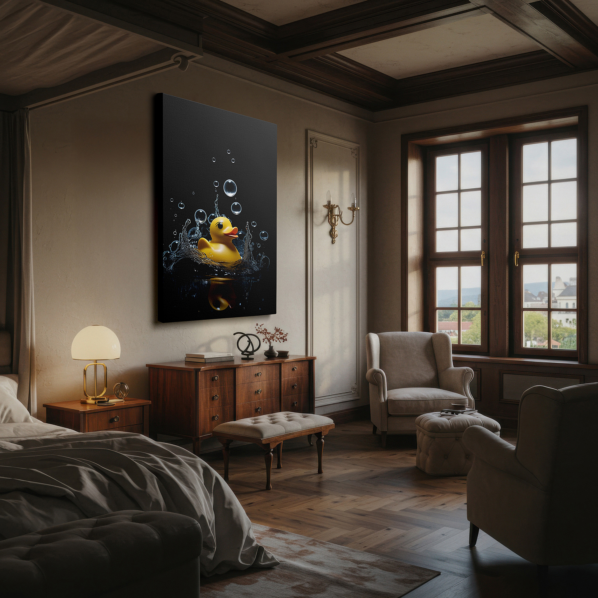 Positioned above a console table between ceramic vases — rubber duck wall art: whimsical shadows and childhood nostalgia - large canvas decor for home and office