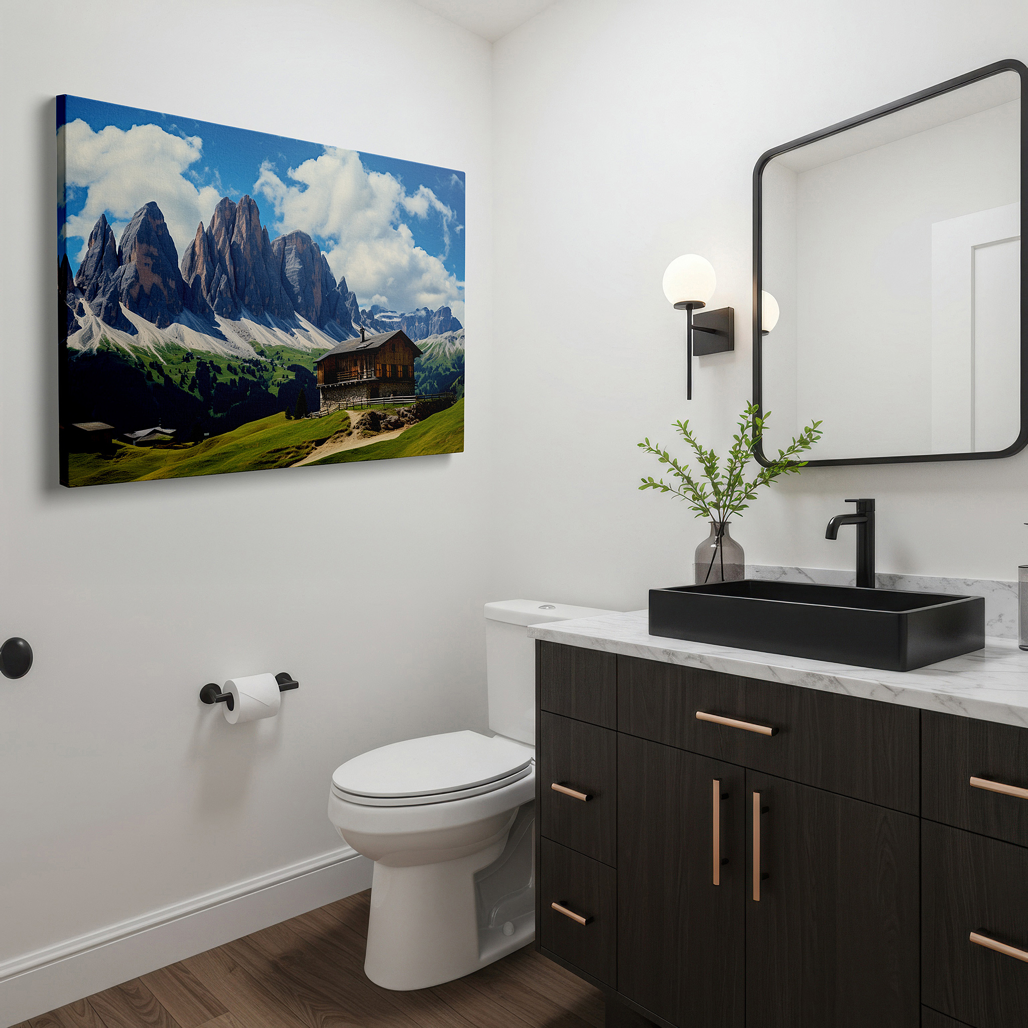 Positioned above a console table between ceramic vases — rustic cabin surrounded by majestic mountains and verdant meadows: a peaceful retreat for quiet contemplation - large wall art, canvas wall art, wall decor for office
