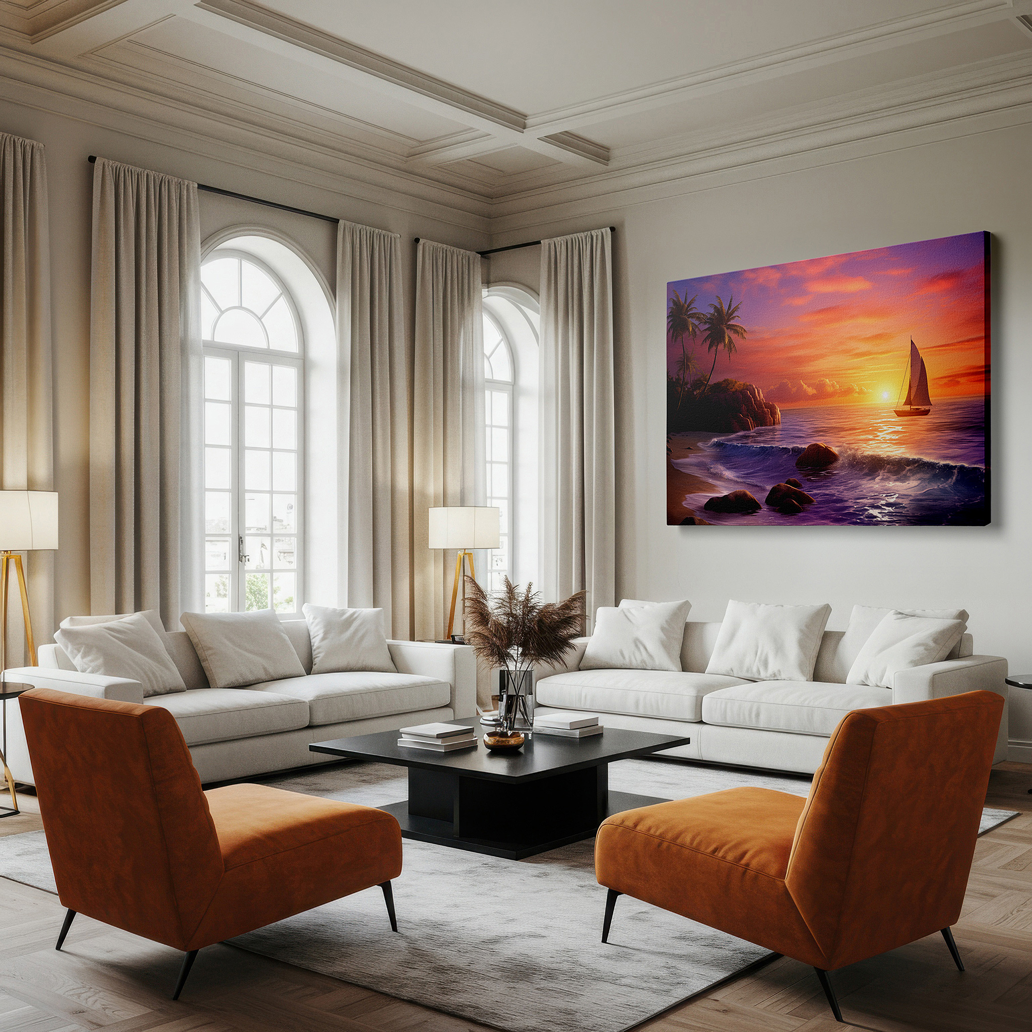 Positioned above a console table between ceramic vases — sailboat at sunset - serene journey over reflective waves large wall art, canvas wall art, wall decor for office and bedroom