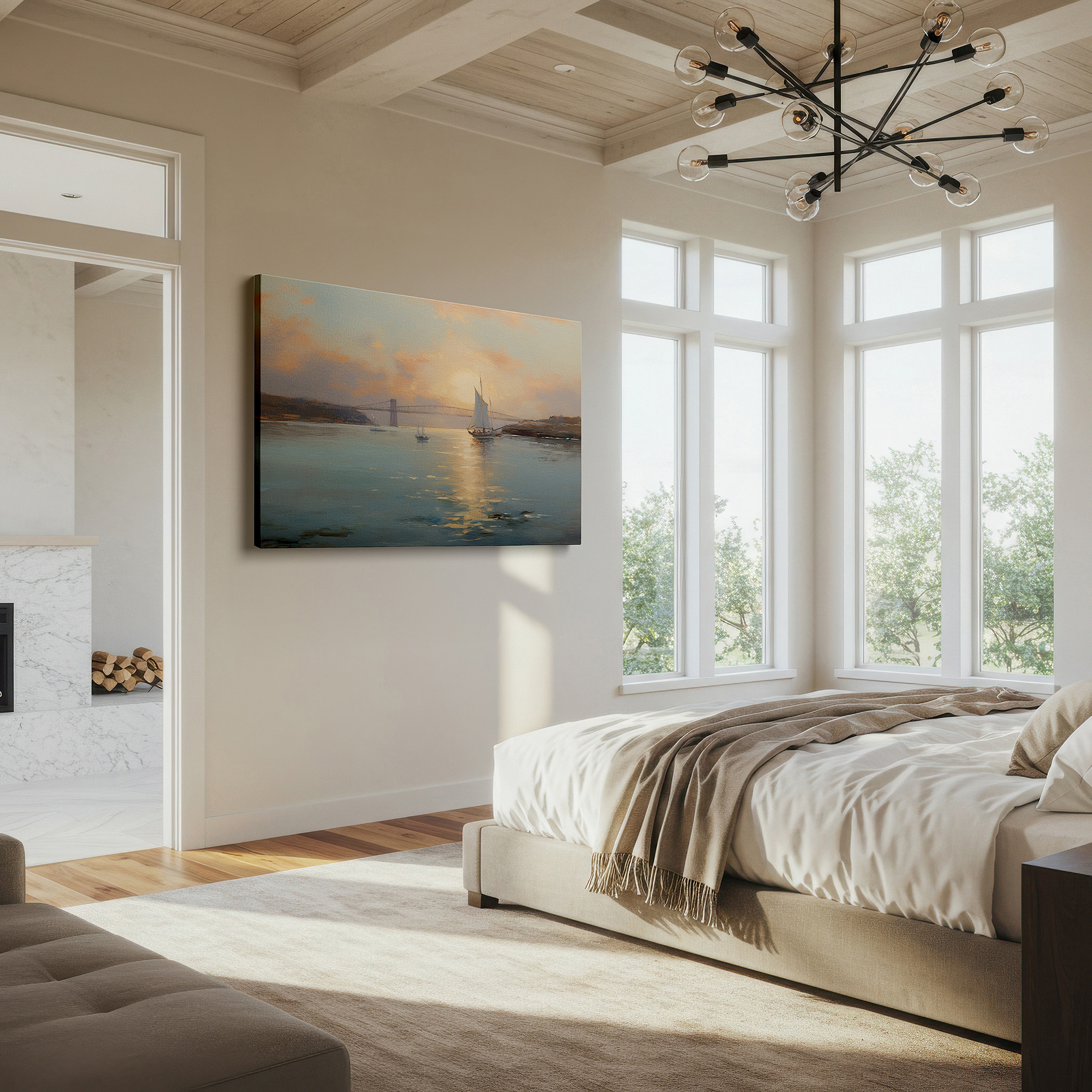 Positioned above a console table between ceramic vases — sailing ships traverse calm waters at sunset, exuding peace and serenity large wall art, canvas wall art, wall decor, office wall art
